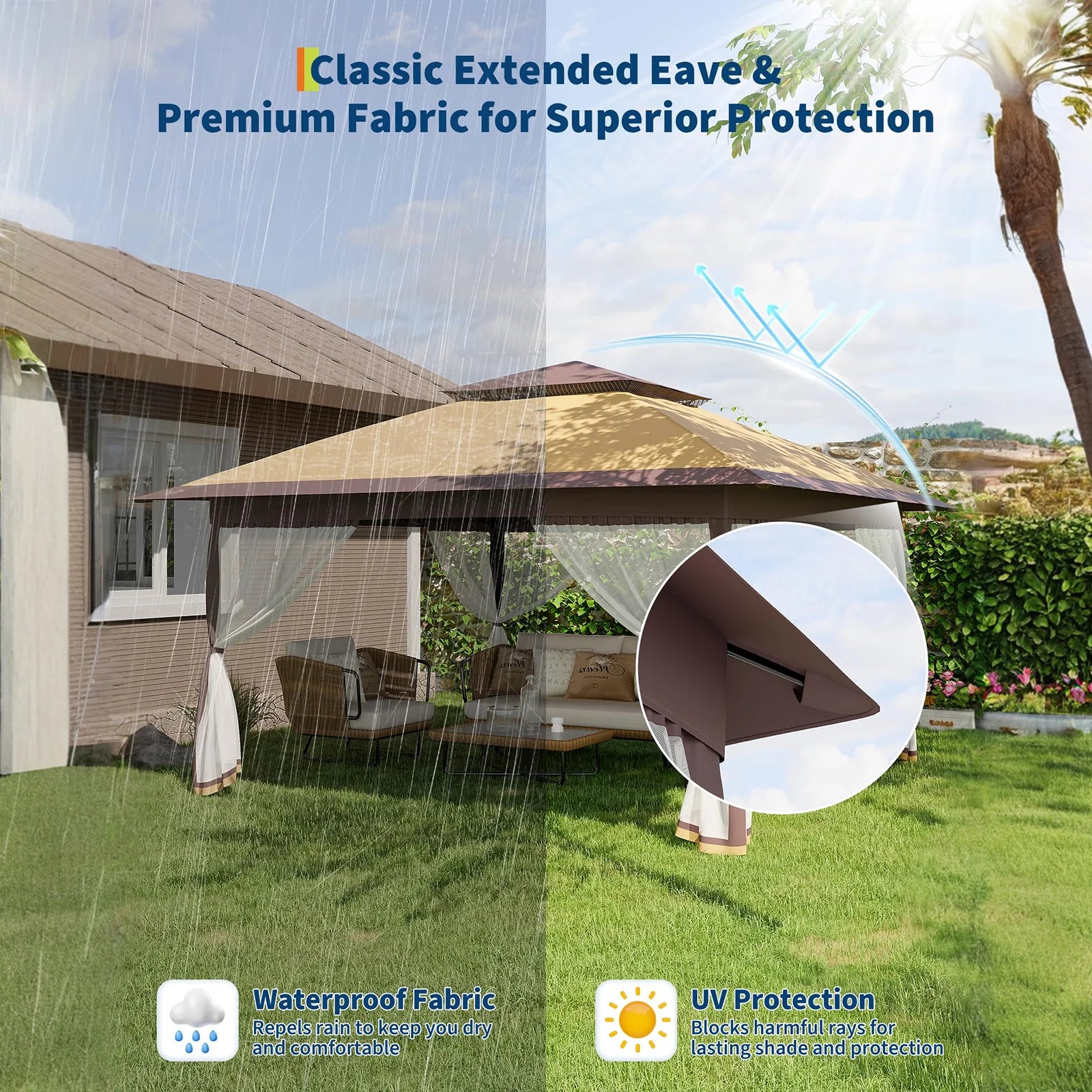 GARVEE 3x3 m Faltpavillon mit Moskitonetz, Wasserdichtes Gartenpavillon Pop-Up Zelt, UV-Schutz 50+, Höhenverstellbar, Für Garten, Terrasse, Camping und Outdoor-Events, Khaki