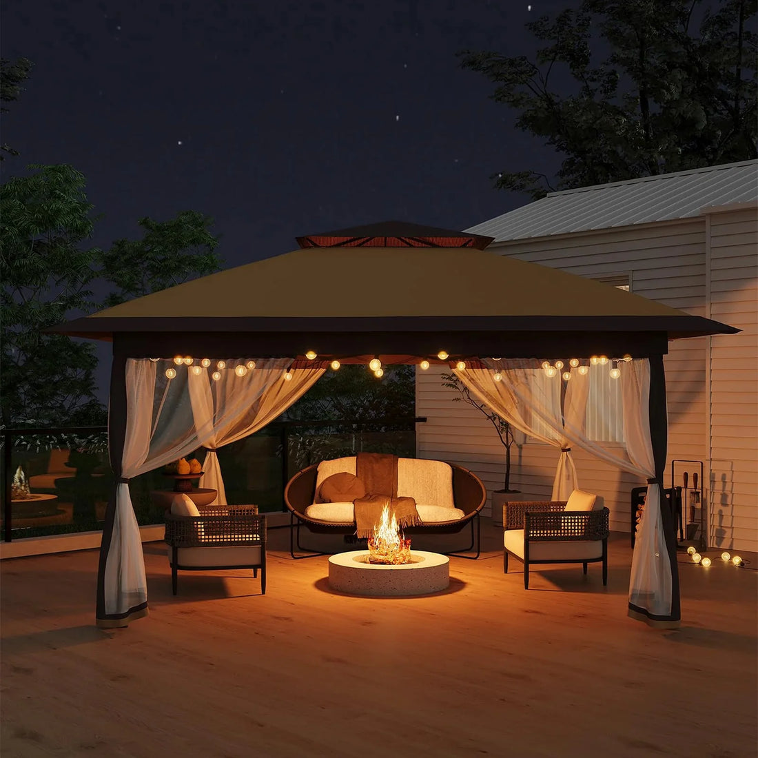 GARVEE 3x3 m Faltpavillon mit Moskitonetz, Wasserdichtes Gartenpavillon Pop-Up Zelt, UV-Schutz 50+, Höhenverstellbar, Für Garten, Terrasse, Camping und Outdoor-Events, Khaki