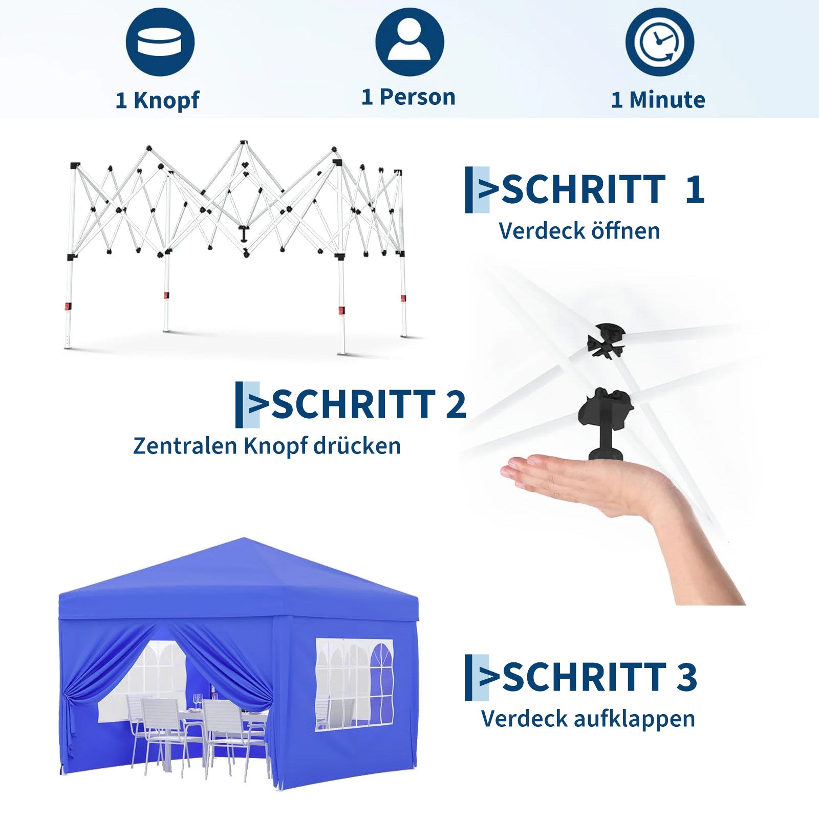 Garvee Faltpavillon 3×3 m, Wasserdicht, Mit 4 Seitenwänden, UV-Schutz 50+, Höhenverstellbar, Blau