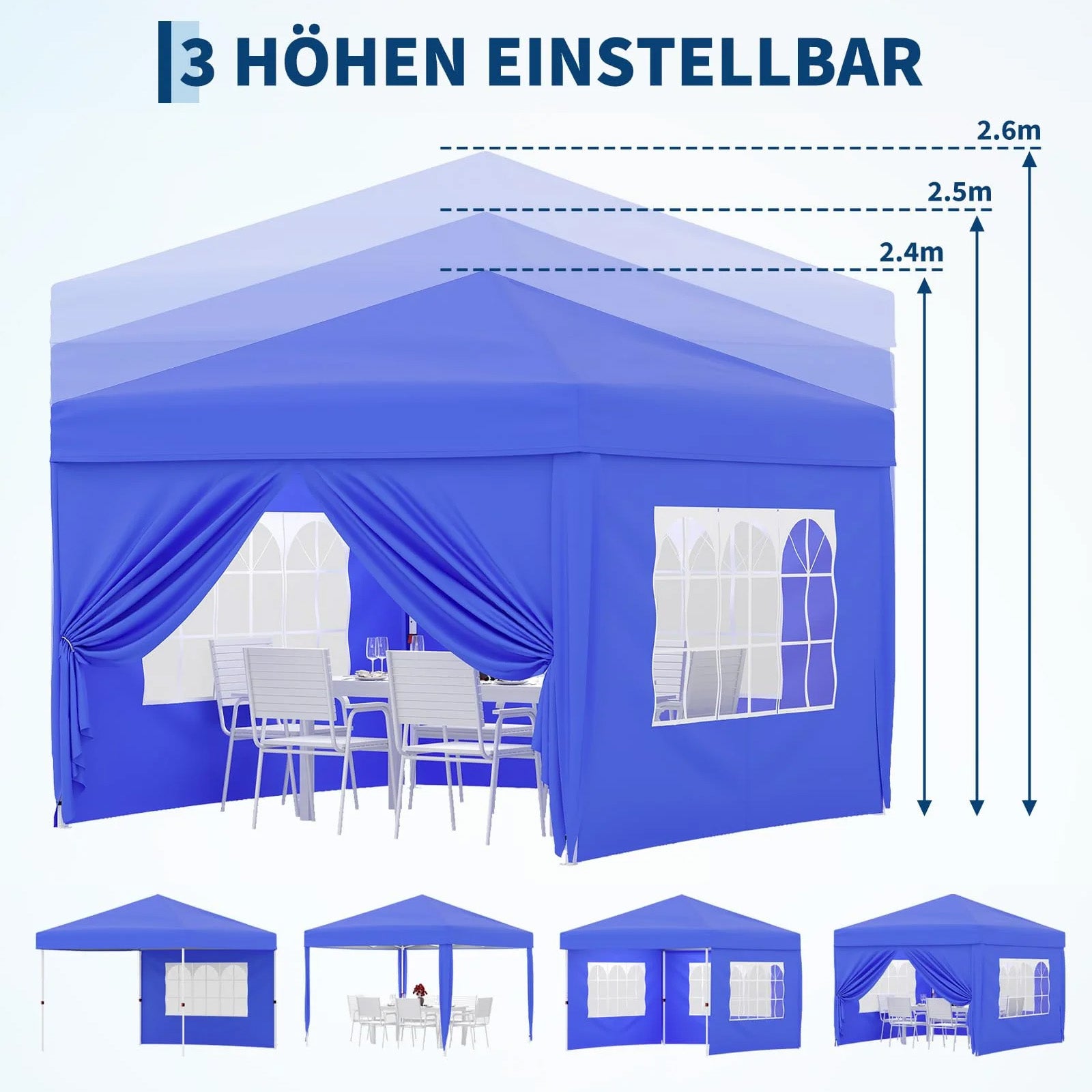 Garvee Faltpavillon 3×3 m, Wasserdicht, Mit 4 Seitenwänden, UV-Schutz 50+, Höhenverstellbar, Blau