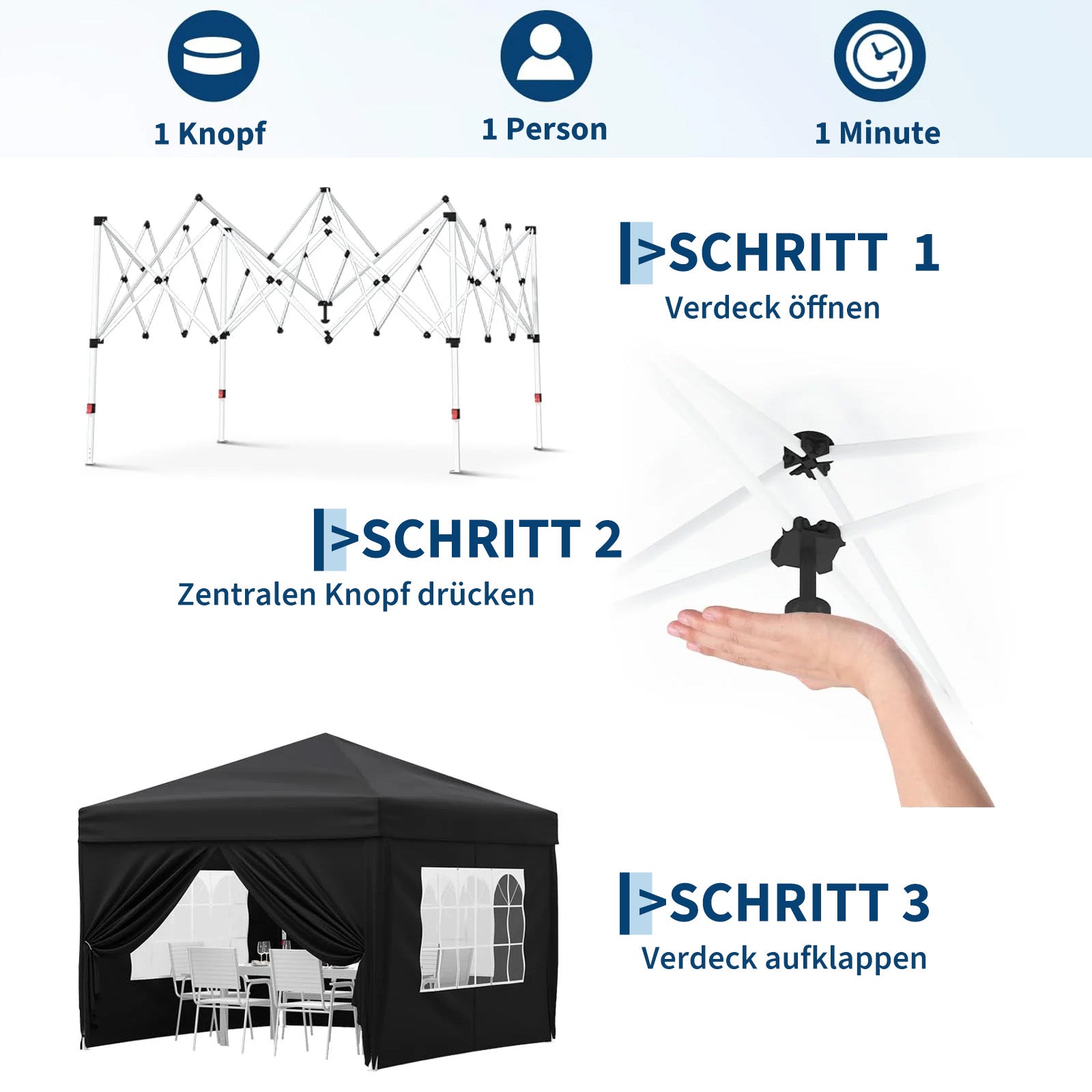 Garvee Faltpavillon 3×3 m, Wasserdicht, Mit 4 Seitenwänden, UV-Schutz 50+, Höhenverstellbar, Schwarz