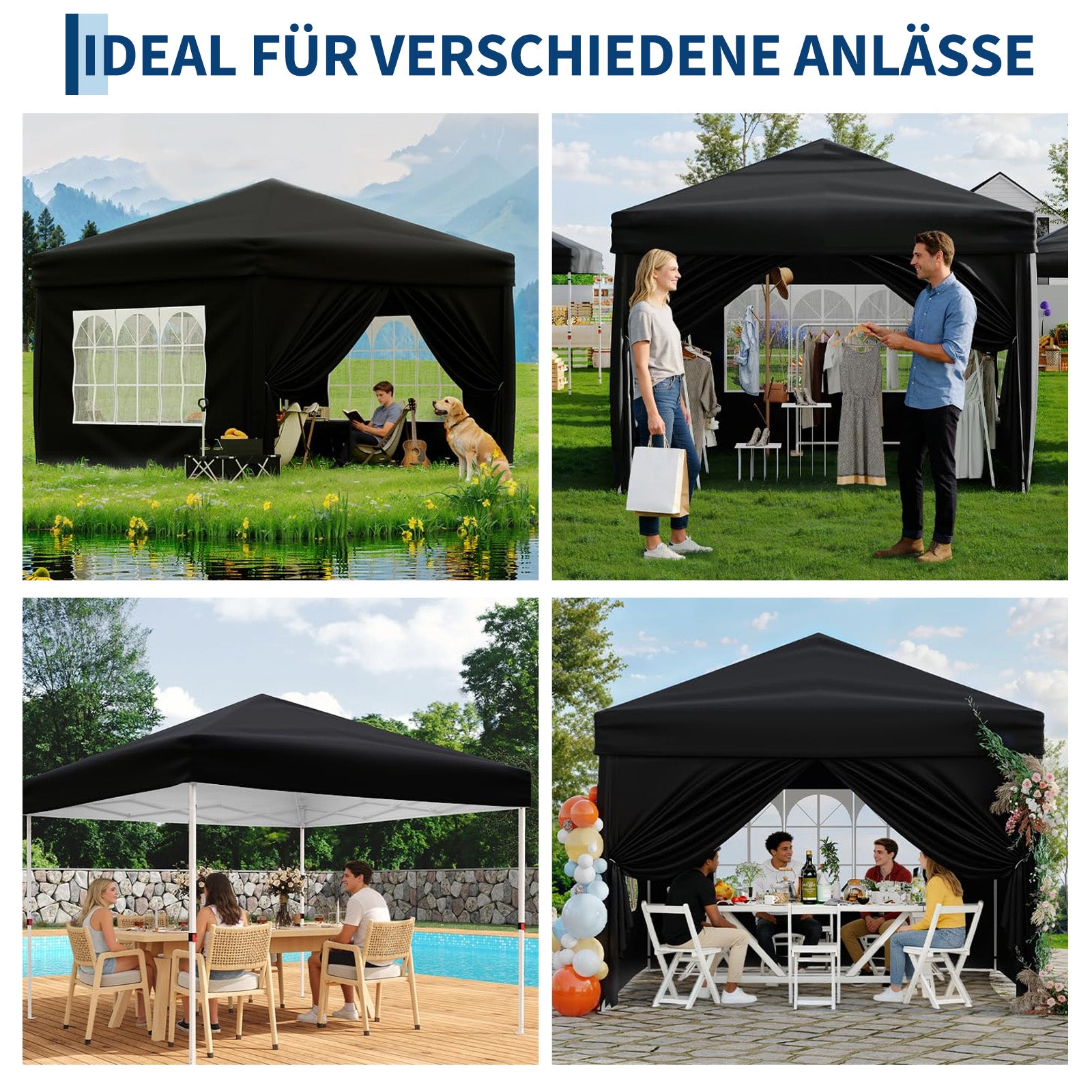 Garvee Faltpavillon 3×3 m, Wasserdicht, Mit 4 Seitenwänden, UV-Schutz 50+, Höhenverstellbar, Schwarz