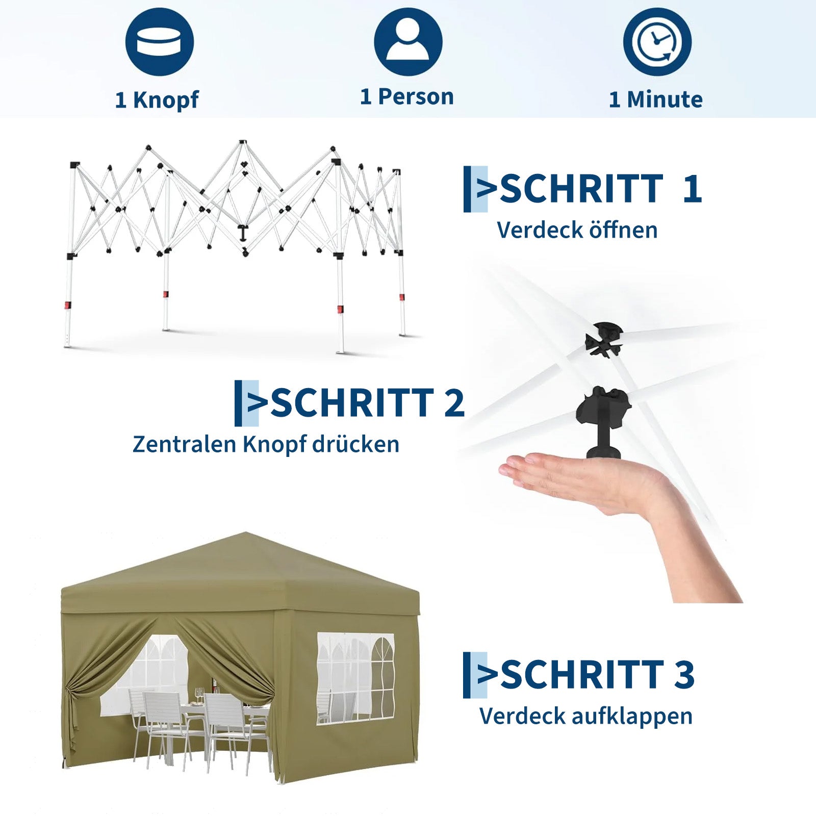 Garvee Faltpavillon 3×3 m, Wasserdicht, Mit 4 Seitenwänden, UV-Schutz 50+, Höhenverstellbar, Khaki