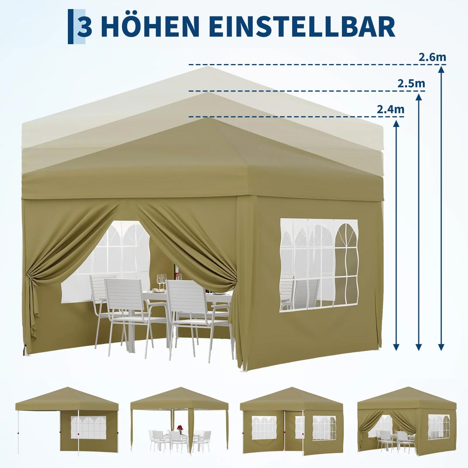 Garvee Faltpavillon 3×3 m, Wasserdicht, Mit 4 Seitenwänden, UV-Schutz 50+, Höhenverstellbar, Khaki