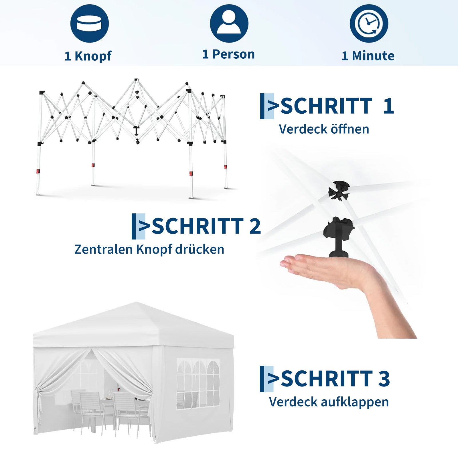 Garvee Faltpavillon 3×3 m, Wasserdicht, Mit 4 Seitenwänden, UV-Schutz 50+, Höhenverstellbar, Weiß