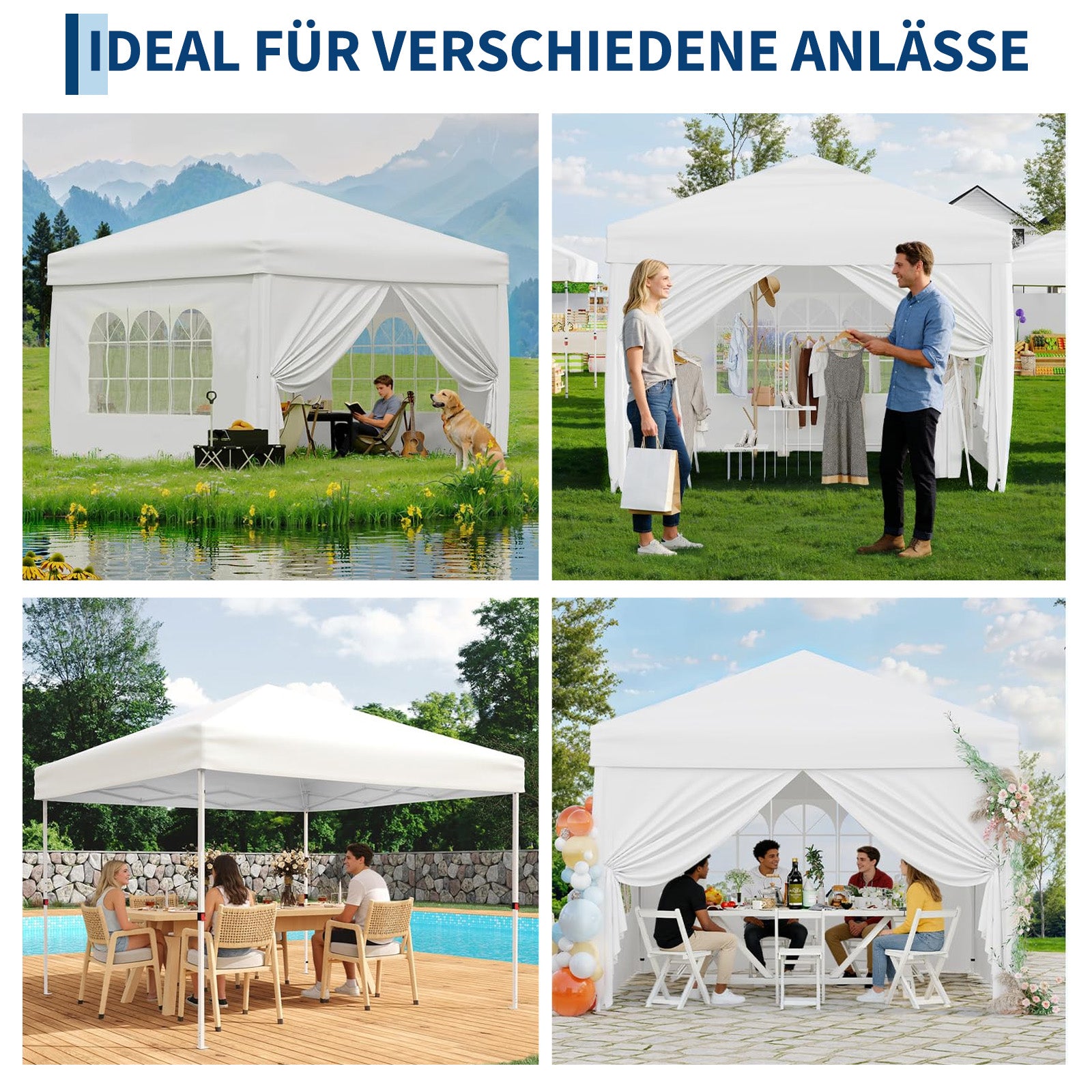 Garvee Faltpavillon 3×3 m, Wasserdicht, Mit 4 Seitenwänden, UV-Schutz 50+, Höhenverstellbar, Weiß