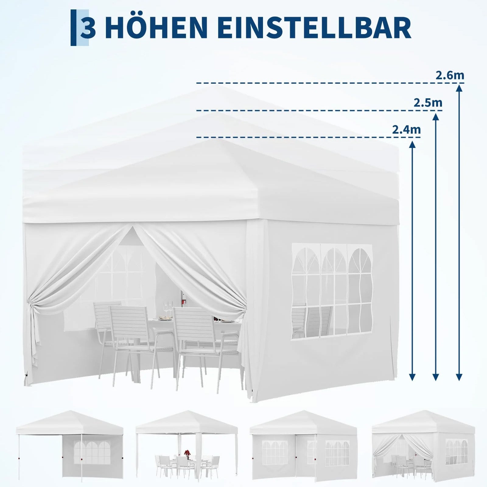 Garvee Faltpavillon 3×3 m, Wasserdicht, Mit 4 Seitenwänden, UV-Schutz 50+, Höhenverstellbar, Weiß
