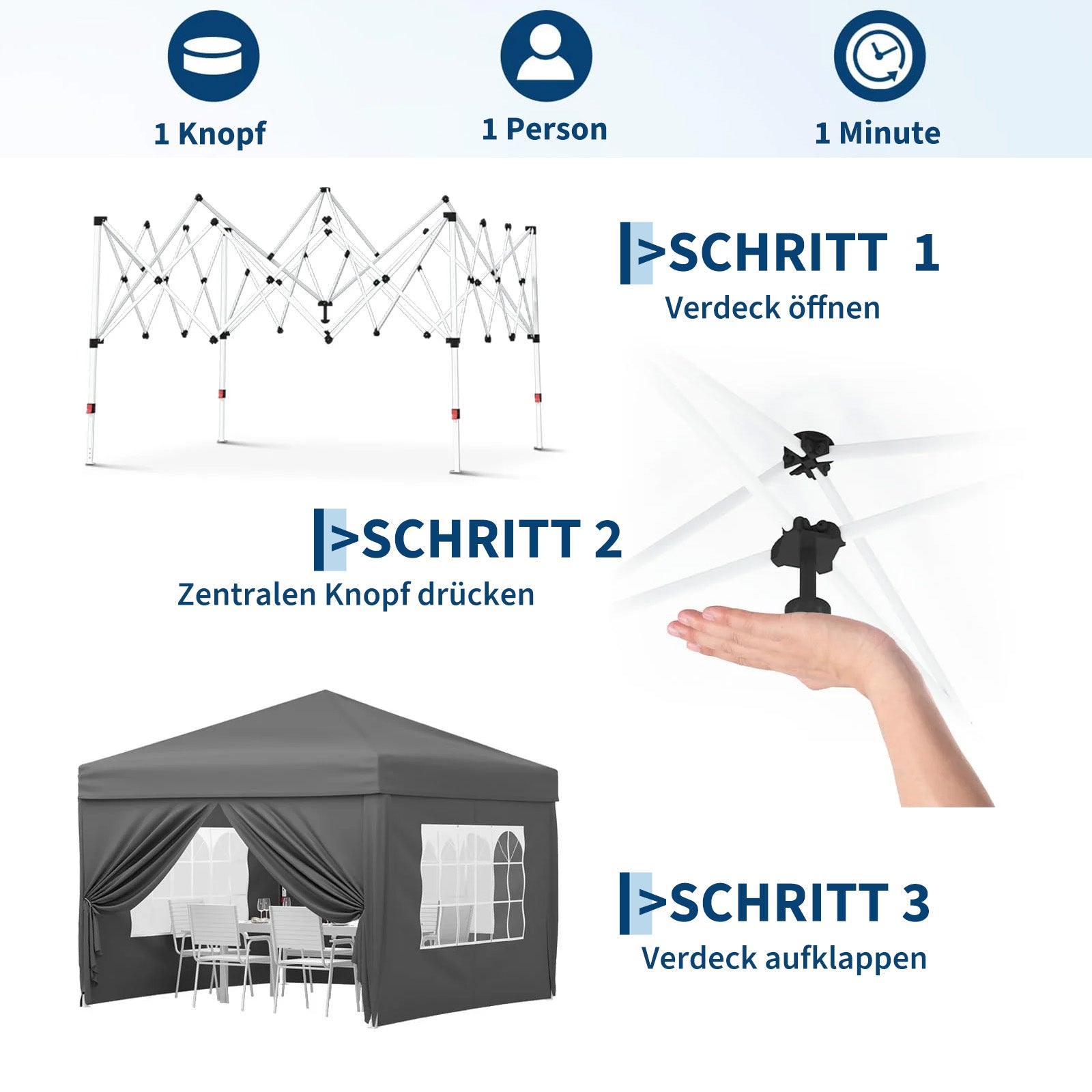 Garvee Faltpavillon 3×3 m, Wasserdicht, Mit 4 Seitenwänden, UV-Schutz 50+, Höhenverstellbar, Grau