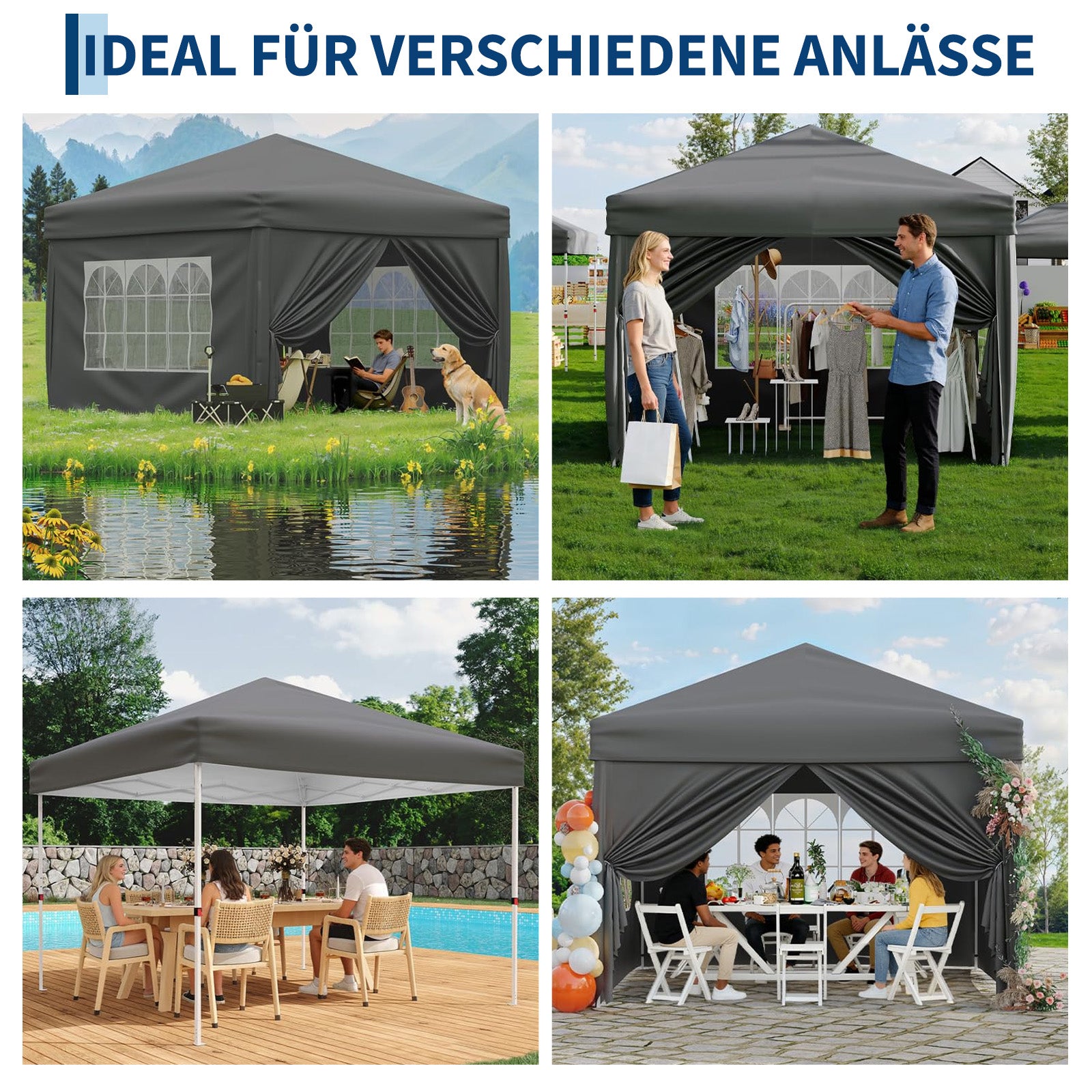 Garvee Faltpavillon 3×3 m, Wasserdicht, Mit 4 Seitenwänden, UV-Schutz 50+, Höhenverstellbar, Grau