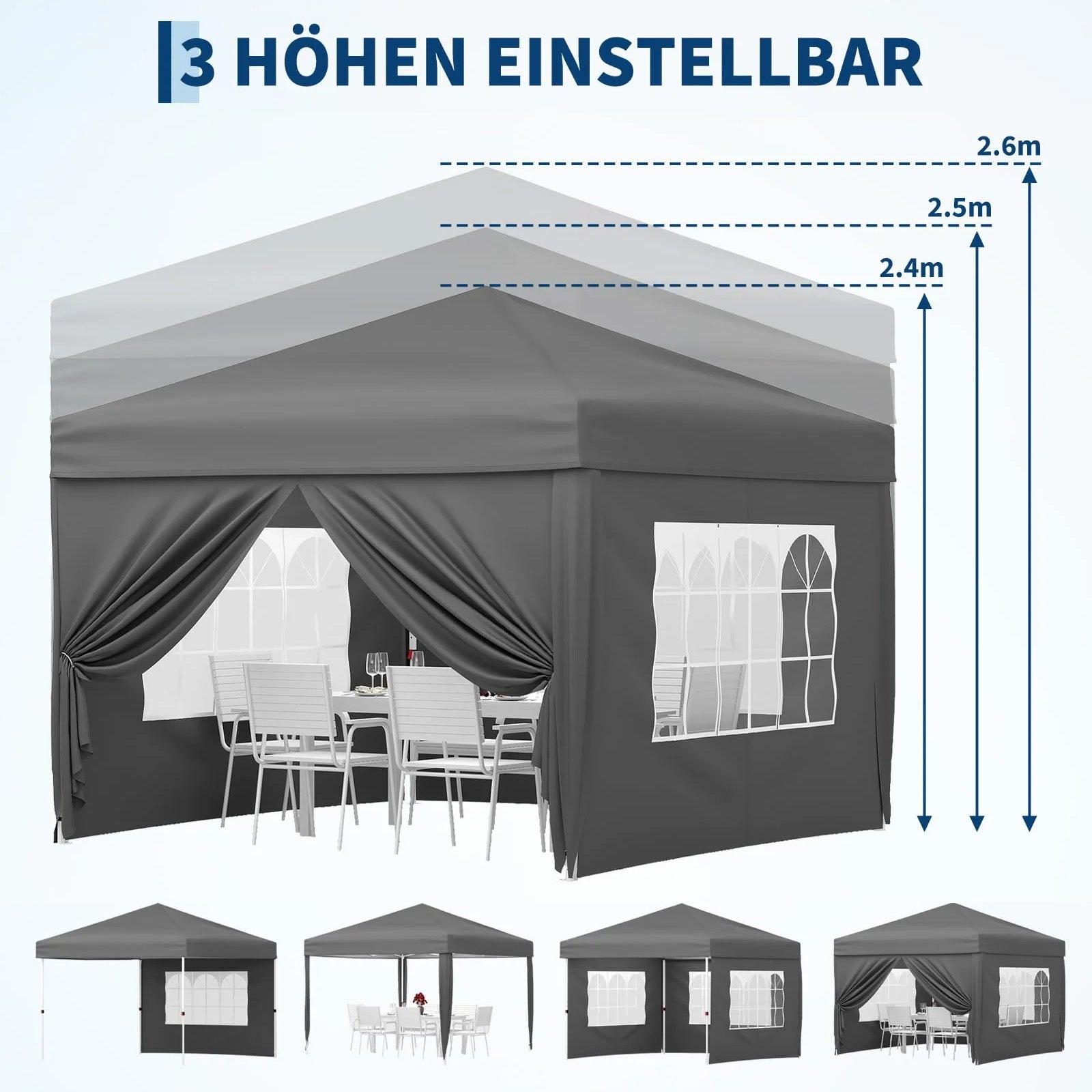 Garvee Faltpavillon 3×3 m, Wasserdicht, Mit 4 Seitenwänden, UV-Schutz 50+, Höhenverstellbar, Grau