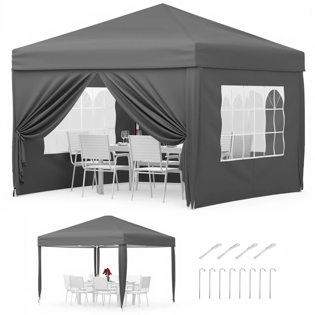 Garvee Faltpavillon 3×3 m, Wasserdicht, Mit 4 Seitenwänden, UV-Schutz 50+, Höhenverstellbar, Grau