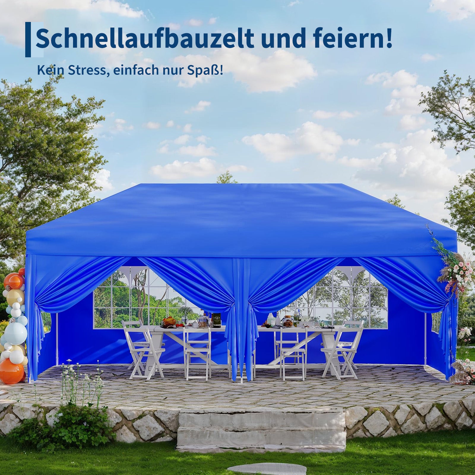 Garvee 3 × 6 m Faltpavillon mit 6 Seitenwänden, wasserdichter Partyzelt-Pavillon, stabiler Gartenpavillon für Terrasse, Garten, Camping & Veranstaltungen, Blau