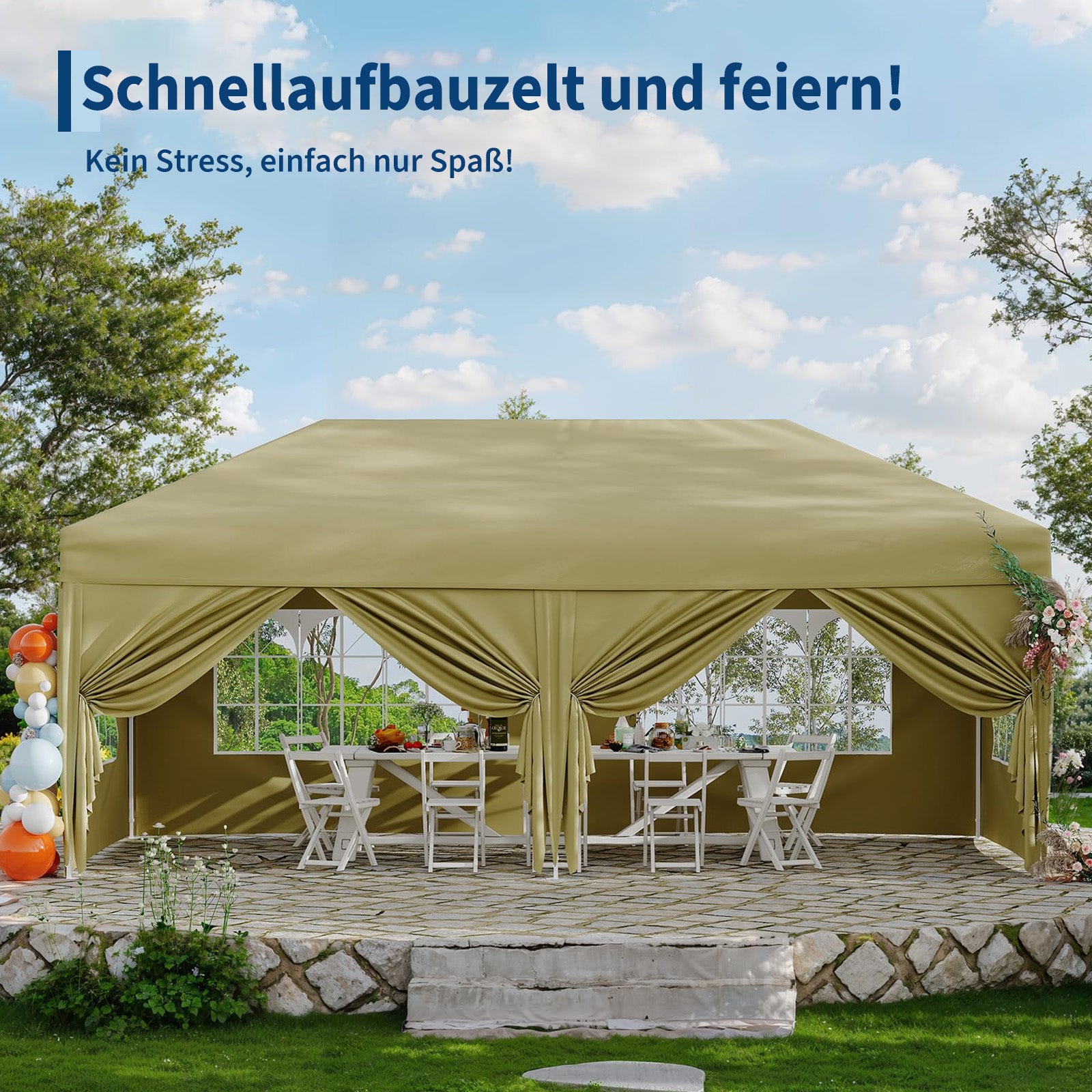 Garvee 3 × 6 m Faltpavillon mit 6 Seitenwänden, wasserdichter Partyzelt-Pavillon, stabiler Gartenpavillon für Terrasse, Garten, Camping & Veranstaltungen, Khaki