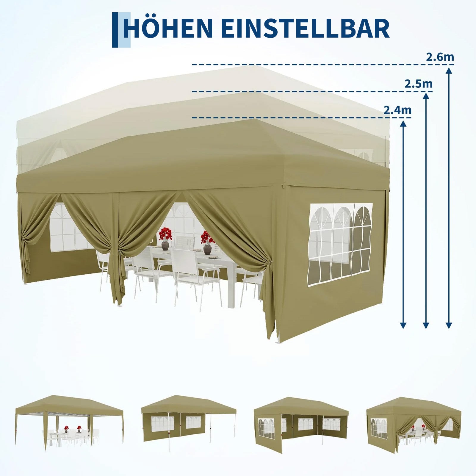 Garvee 3 × 6 m Faltpavillon mit 6 Seitenwänden, wasserdichter Partyzelt-Pavillon, stabiler Gartenpavillon für Terrasse, Garten, Camping & Veranstaltungen, Khaki