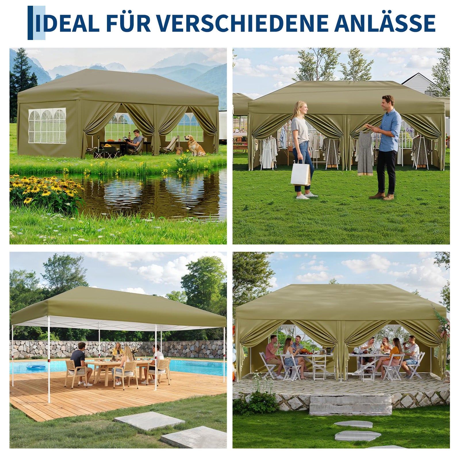 Garvee 3 × 6 m Faltpavillon mit 6 Seitenwänden, wasserdichter Partyzelt-Pavillon, stabiler Gartenpavillon für Terrasse, Garten, Camping & Veranstaltungen, Khaki