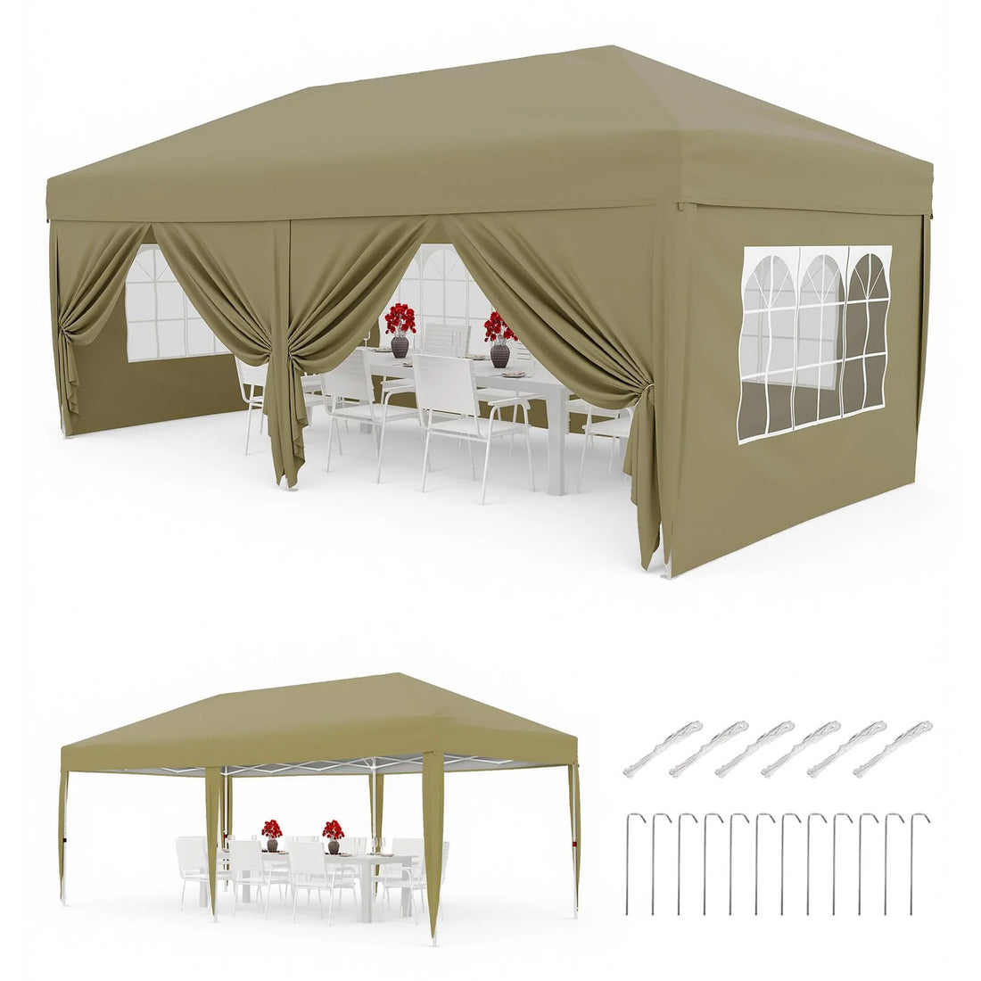Garvee 3 × 6 m Faltpavillon mit 6 Seitenwänden, wasserdichter Partyzelt-Pavillon, stabiler Gartenpavillon für Terrasse, Garten, Camping & Veranstaltungen, Khaki