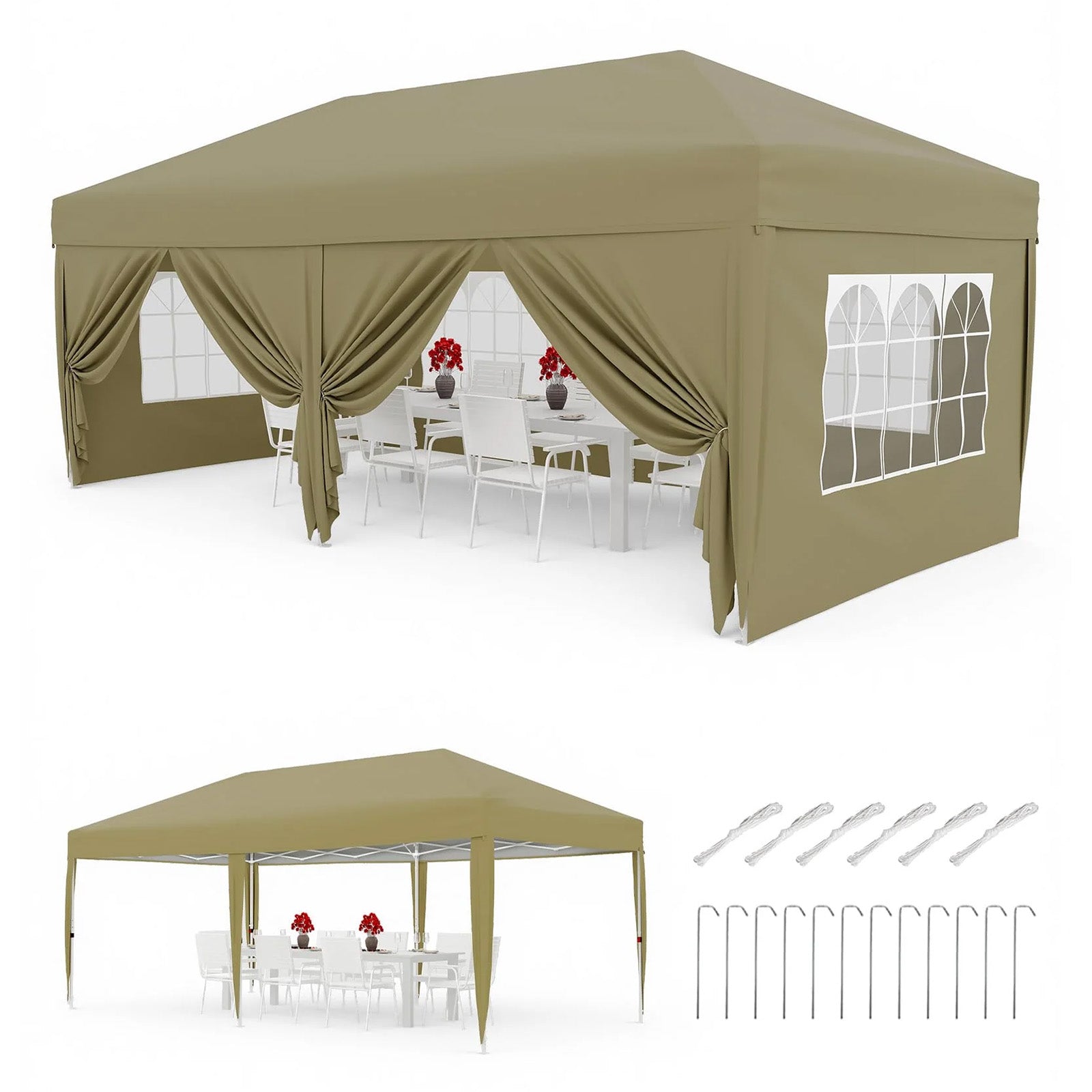 Garvee 3 × 6 m Faltpavillon mit 6 Seitenwänden, wasserdichter Partyzelt-Pavillon, stabiler Gartenpavillon für Terrasse, Garten, Camping & Veranstaltungen, Khaki
