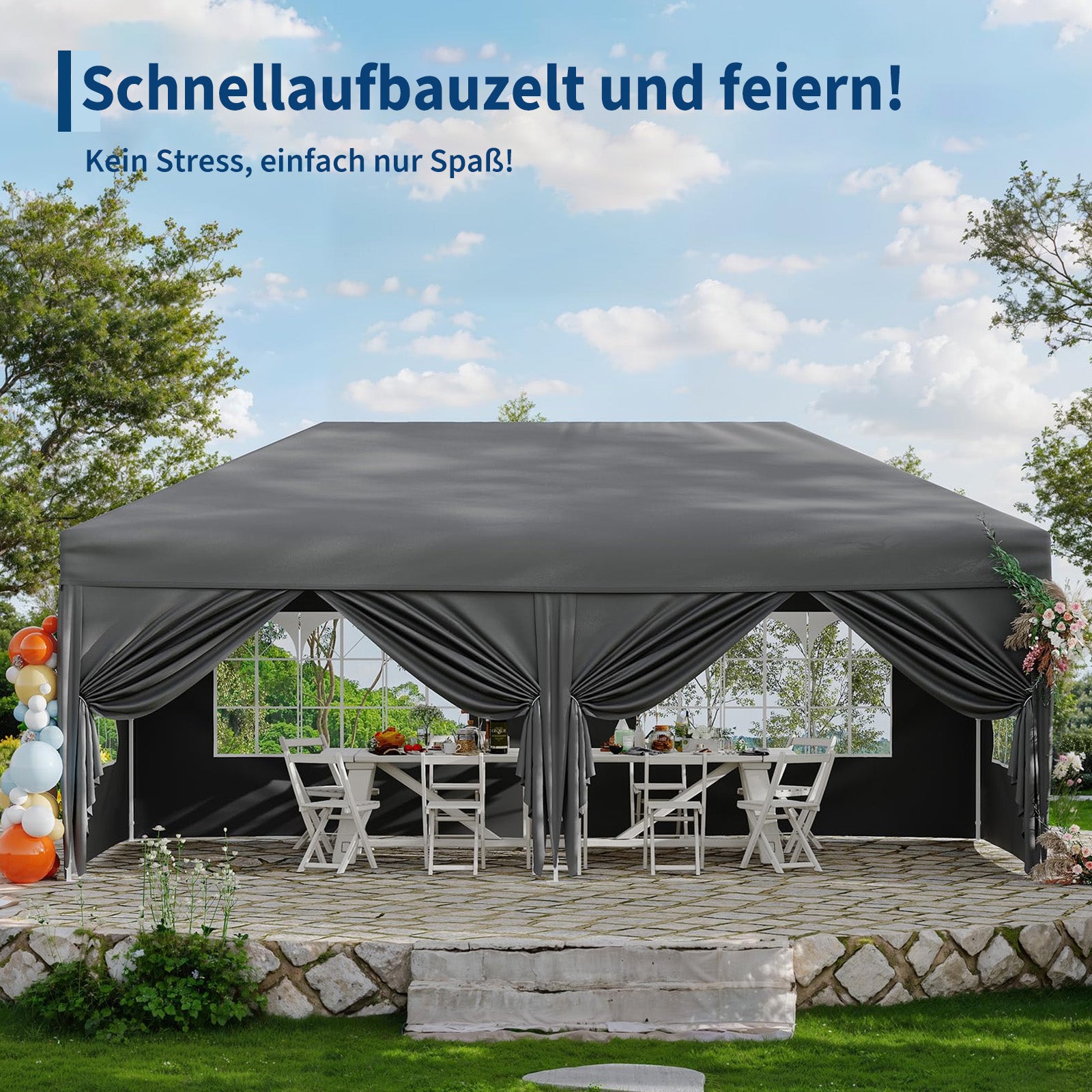 Garvee 3 × 6 m Faltpavillon mit 6 Seitenwänden, wasserdichter Partyzelt-Pavillon, stabiler Gartenpavillon für Terrasse, Garten, Camping & Veranstaltungen, Grau