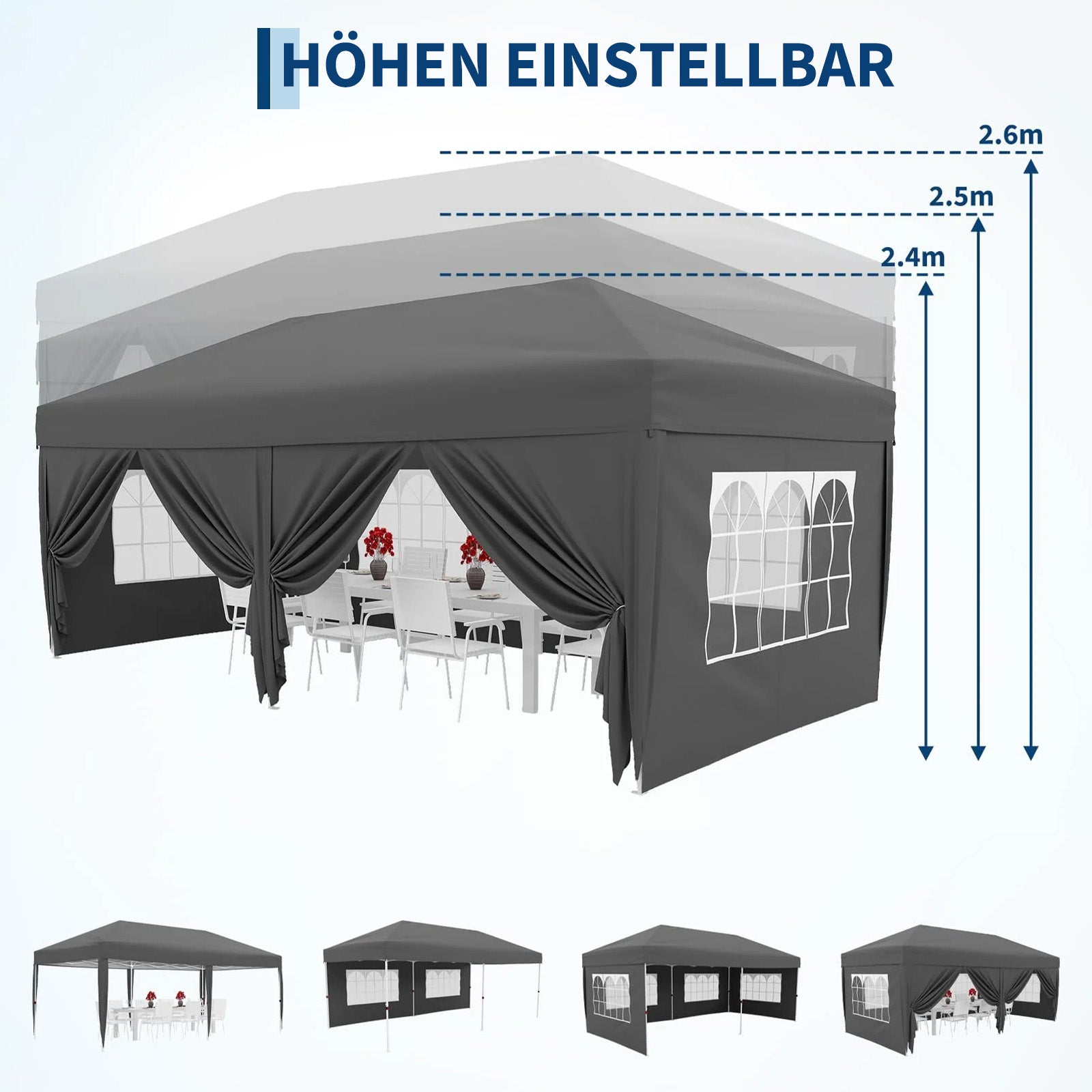 Garvee 3 × 6 m Faltpavillon mit 6 Seitenwänden, wasserdichter Partyzelt-Pavillon, stabiler Gartenpavillon für Terrasse, Garten, Camping & Veranstaltungen, Grau