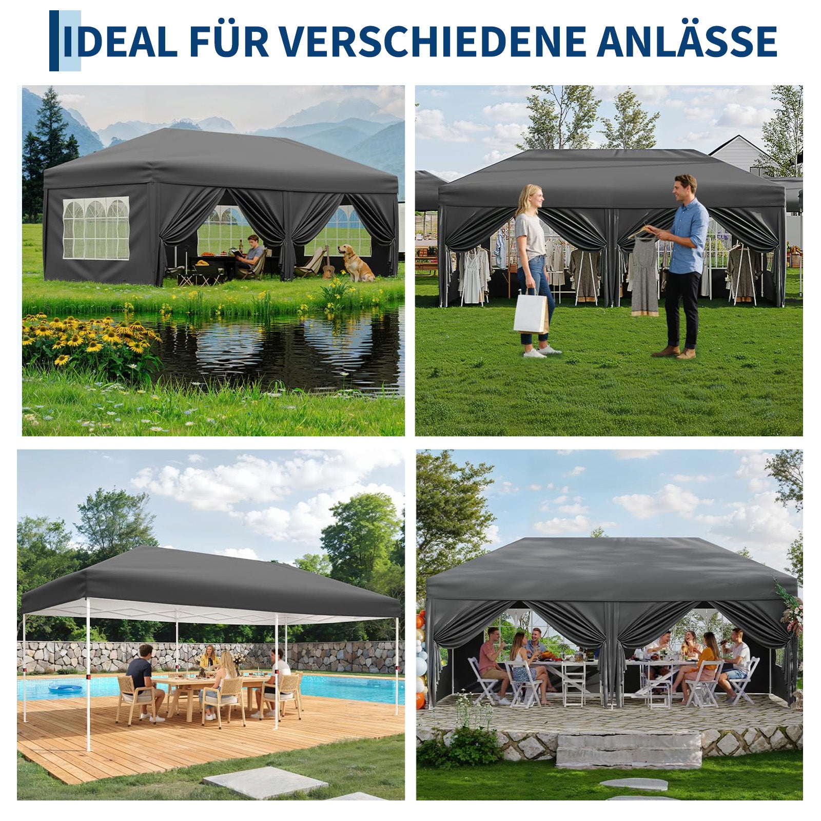 Garvee 3 × 6 m Faltpavillon mit 6 Seitenwänden, wasserdichter Partyzelt-Pavillon, stabiler Gartenpavillon für Terrasse, Garten, Camping & Veranstaltungen, Grau
