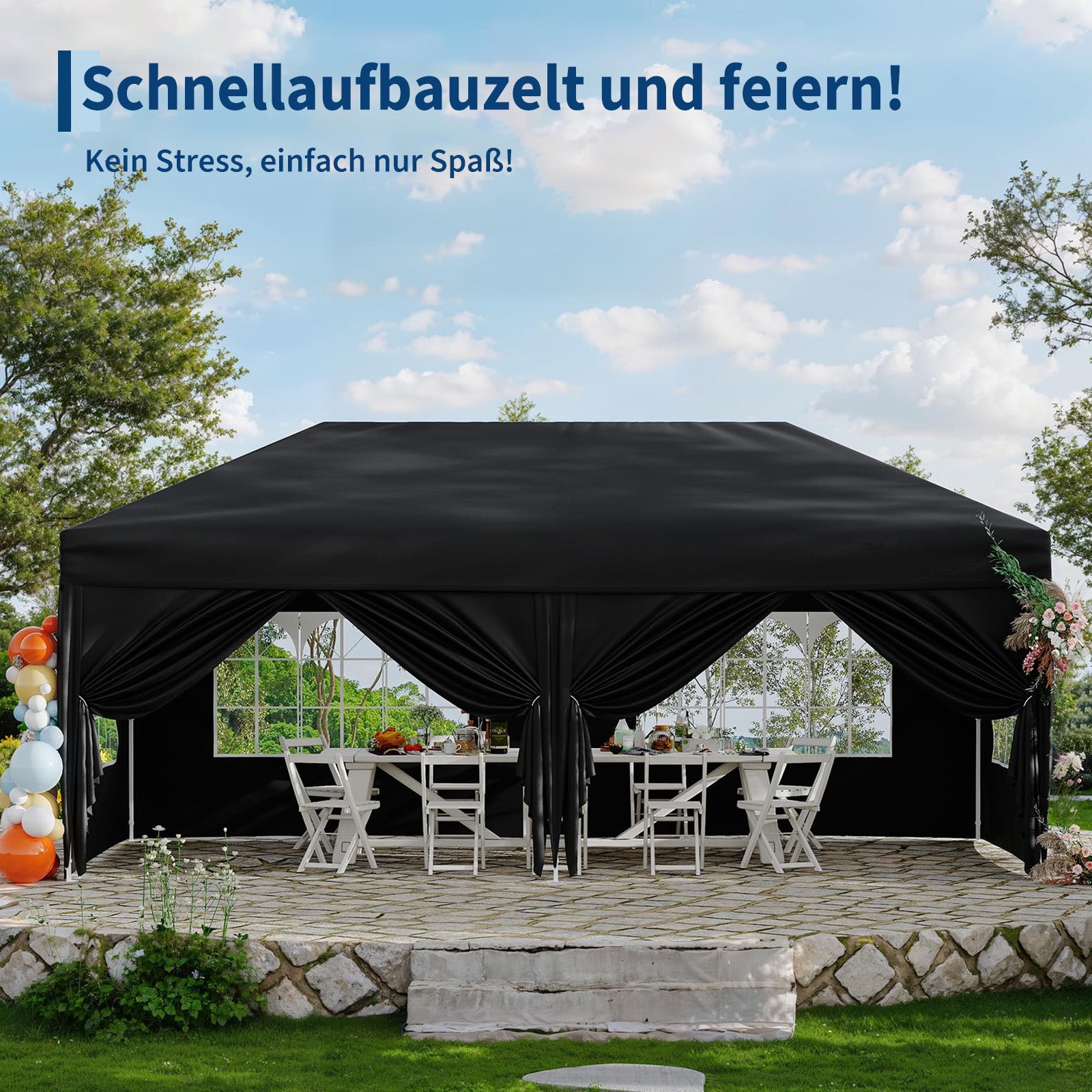 Garvee 3 × 6 m Faltpavillon mit 6 Seitenwänden, wasserdichter Partyzelt-Pavillon, stabiler Gartenpavillon für Terrasse, Garten, Camping & Veranstaltungen, Schwarz