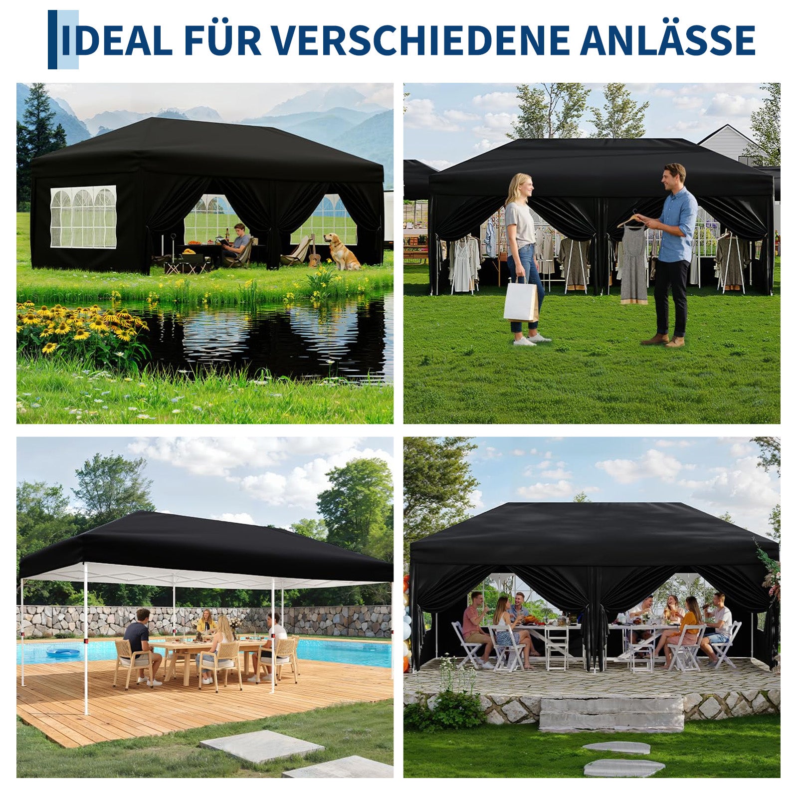 Garvee 3 × 6 m Faltpavillon mit 6 Seitenwänden, wasserdichter Partyzelt-Pavillon, stabiler Gartenpavillon für Terrasse, Garten, Camping & Veranstaltungen, Schwarz