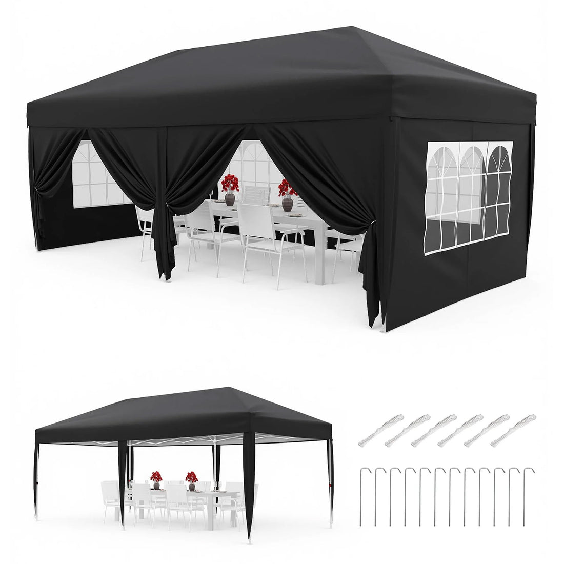 Garvee 3 × 6 m Faltpavillon mit 6 Seitenwänden, wasserdichter Partyzelt-Pavillon, stabiler Gartenpavillon für Terrasse, Garten, Camping & Veranstaltungen, Schwarz