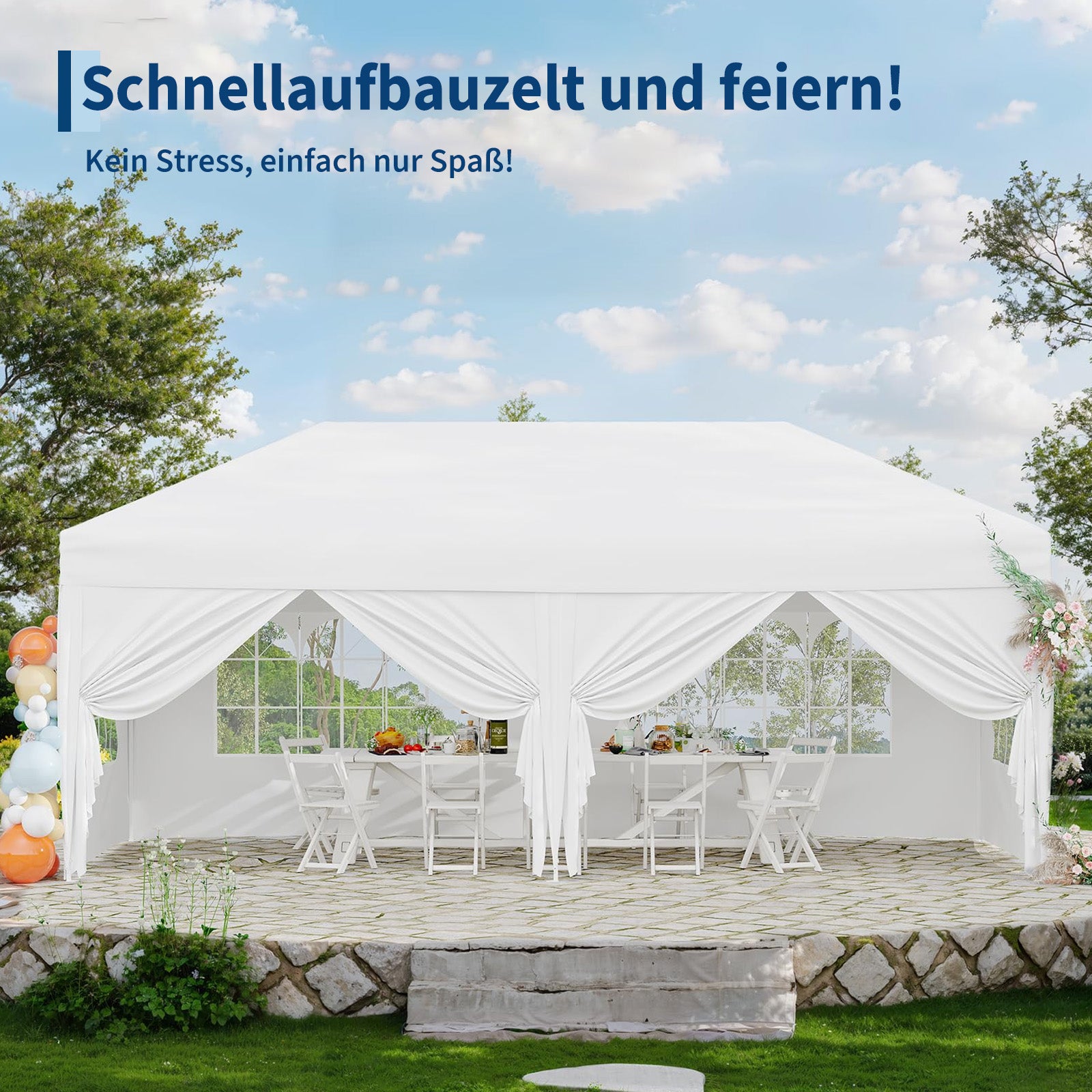 Garvee 3 × 6 m Faltpavillon mit 6 Seitenwänden, wasserdichter Partyzelt-Pavillon, stabiler Gartenpavillon für Terrasse, Garten, Camping & Veranstaltungen, Weiß