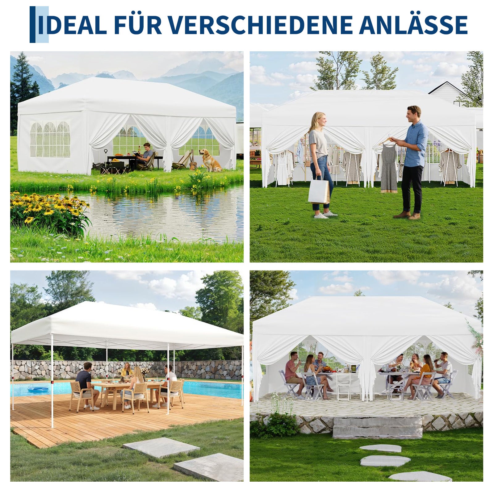 Garvee 3 × 6 m Faltpavillon mit 6 Seitenwänden, wasserdichter Partyzelt-Pavillon, stabiler Gartenpavillon für Terrasse, Garten, Camping & Veranstaltungen, Weiß