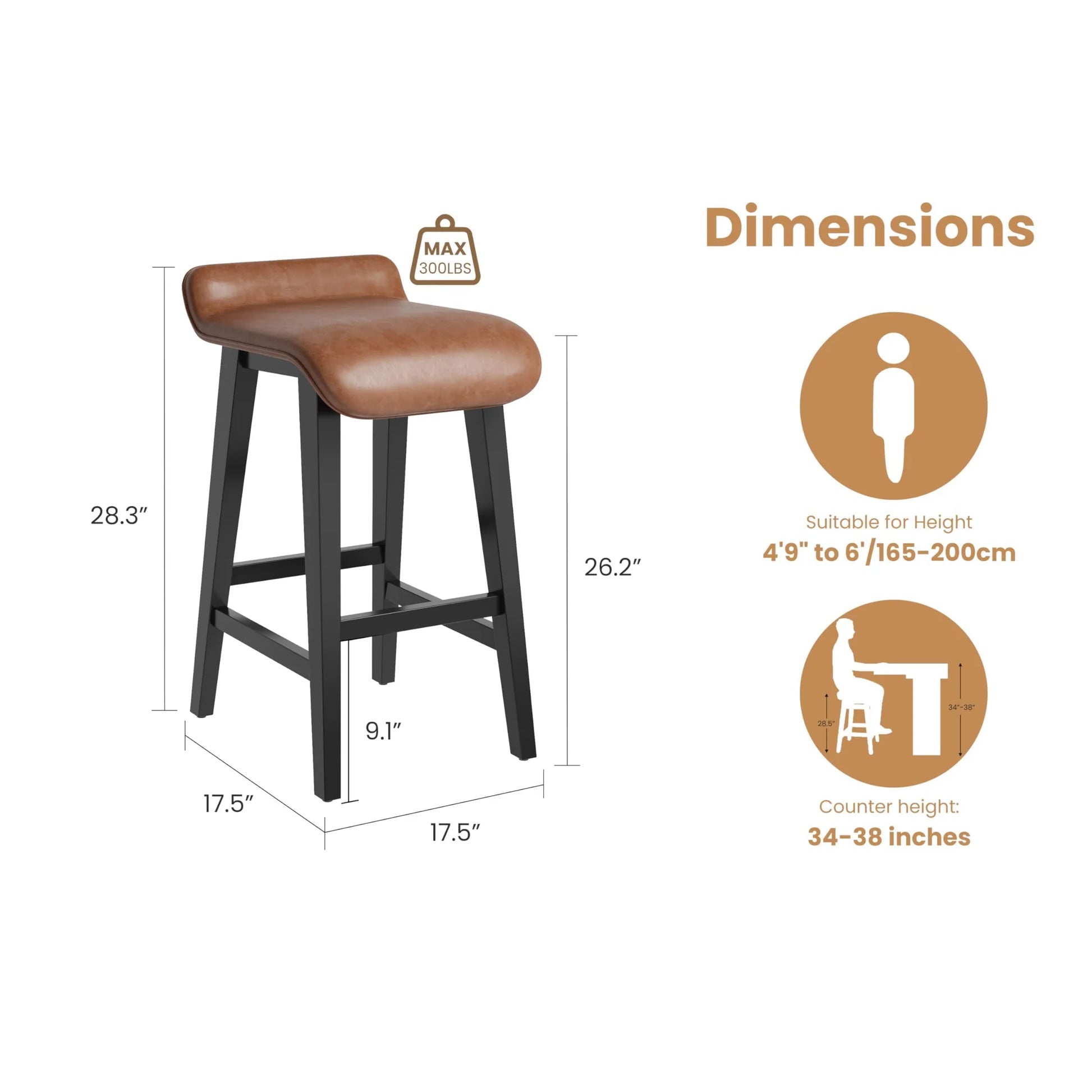Garvee Barhocker Set 2, 67 cm, Gepolstert, Niedrige Rückenlehne, Holzbeine, Mit Fußstütze, Braun