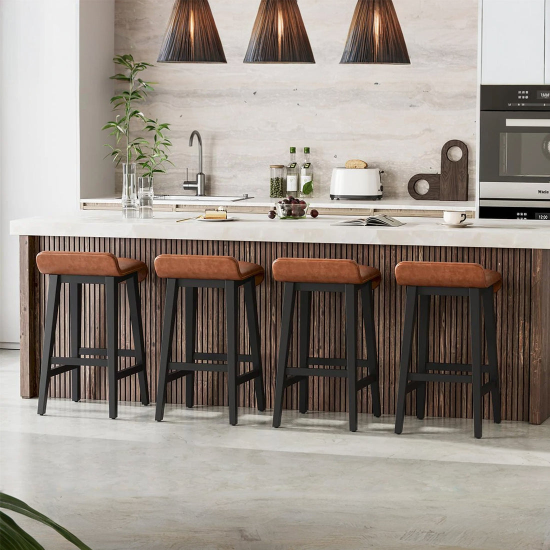 Garvee 26.2" Barhocker Set 4 - Gepolstert, Niedrige Rückenlehne, Fußstütze, Holzbeine, Theke, Esszimmer, Braun