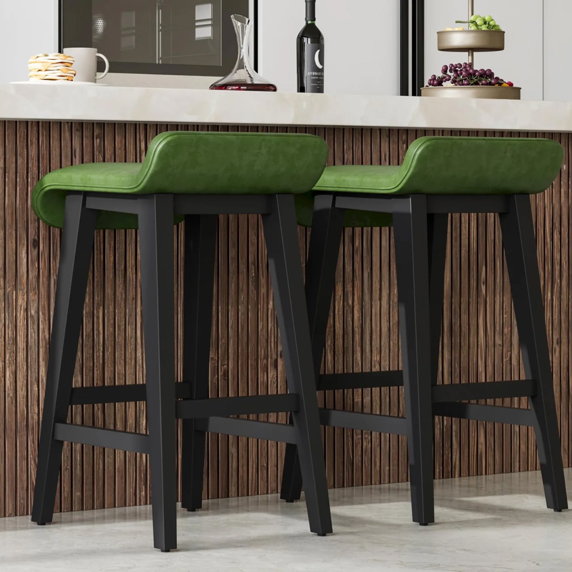 Garvee Barhocker Set 4, 67 cm, Gepolstert, Niedrige Rückenlehne, Holzbeine, Mit Fußstütze, Grün