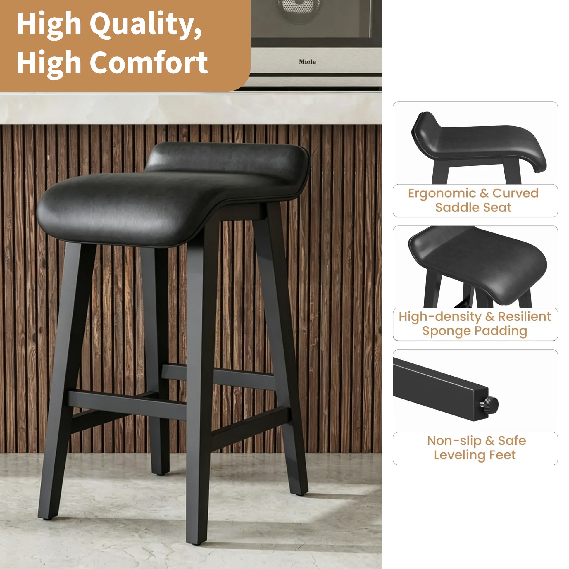 Garvee Barhocker Set 4, 67 cm, Gepolstert, Niedrige Rückenlehne, Holzbeine, Mit Fußstütze, Schwarz