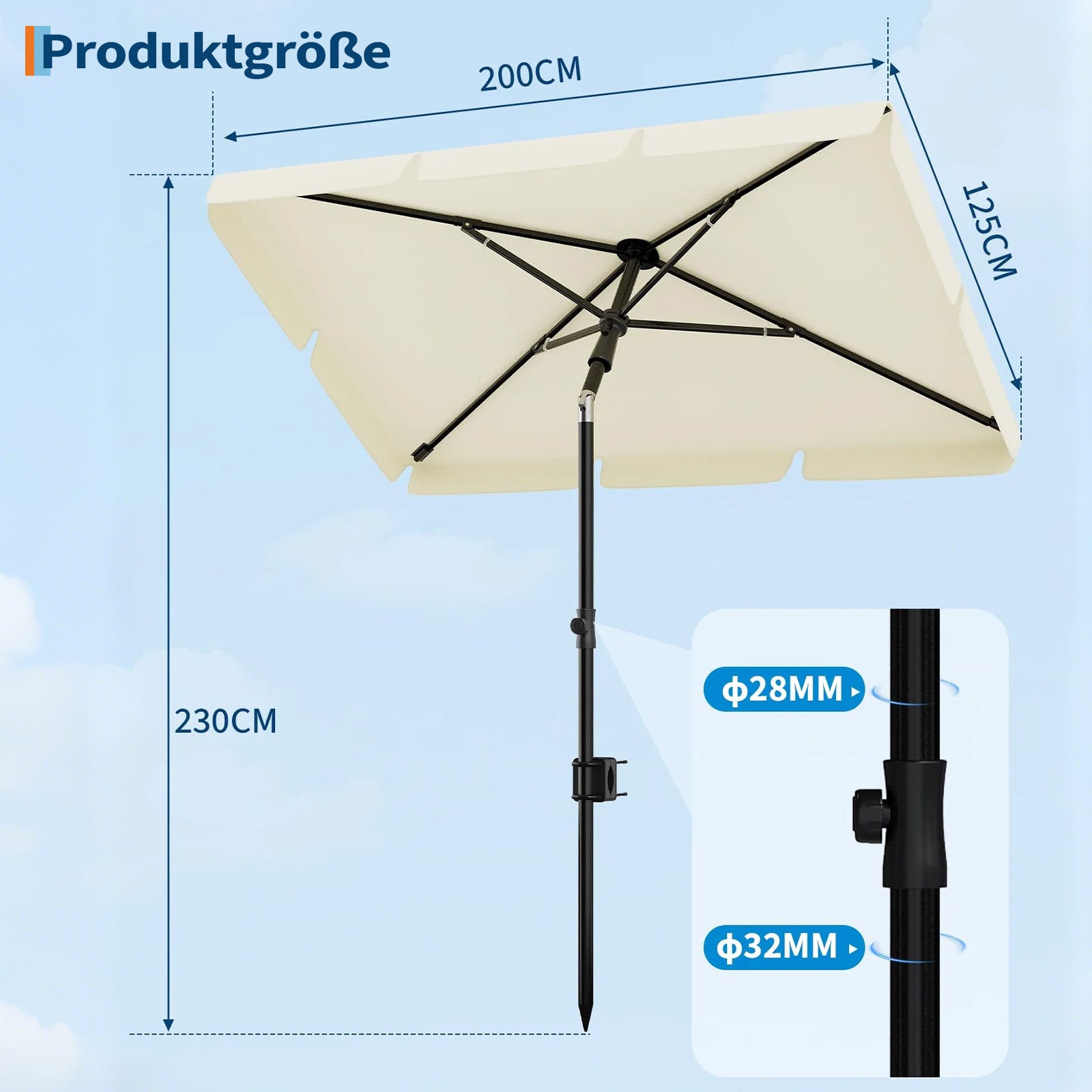 GARVEE Rechteckiger Balkonschirm 200 x 125 cm, UV50+ Sonnenschutz, Knickbar und Höhenverstellbar, Inklusive Schutzhülle, Ideal für Balkon, Terrasse und Garten, Beige