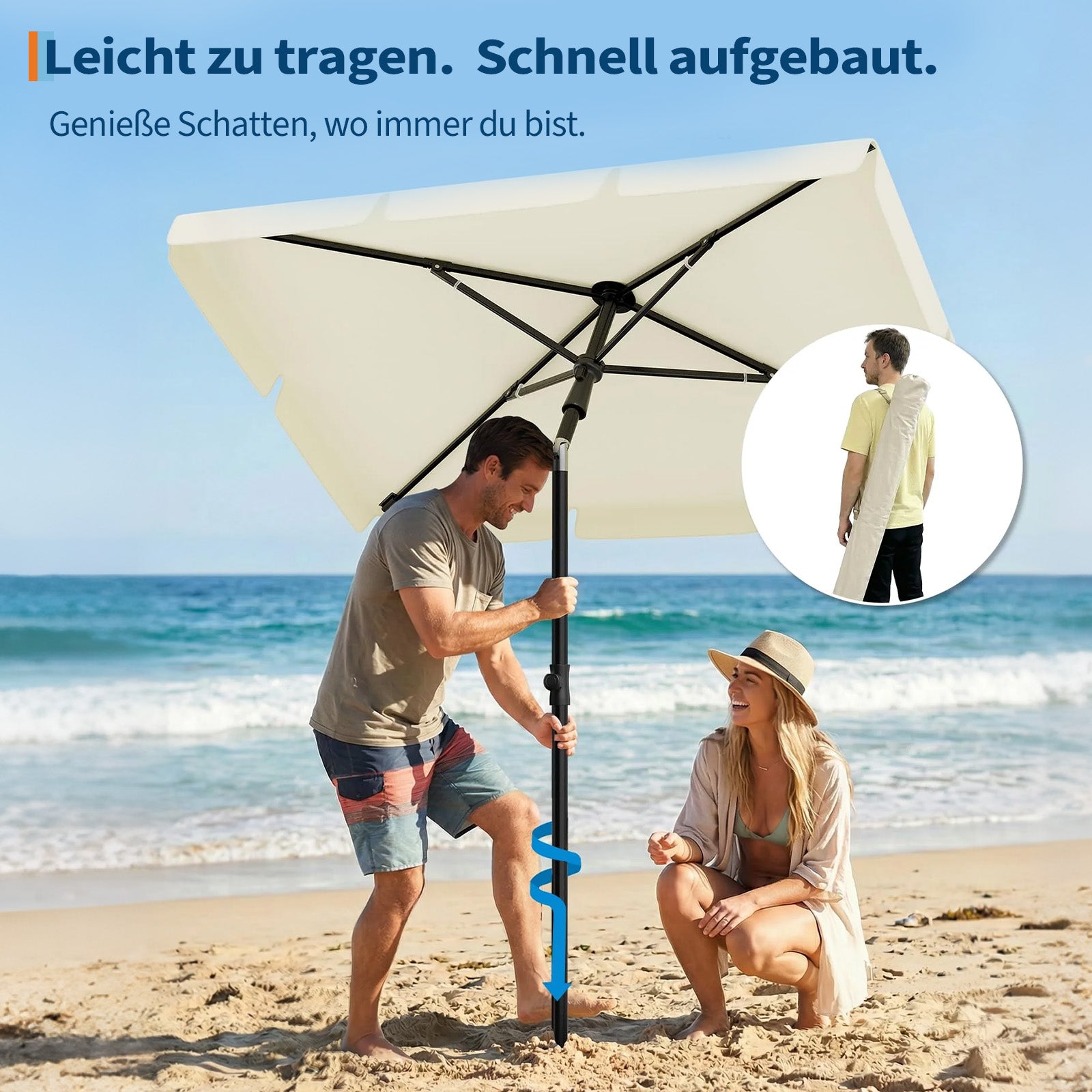 GARVEE Rechteckiger Balkonschirm 200 x 125 cm, UV50+ Sonnenschutz, Knickbar und Höhenverstellbar, Inklusive Schutzhülle, Ideal für Balkon, Terrasse und Garten, Beige