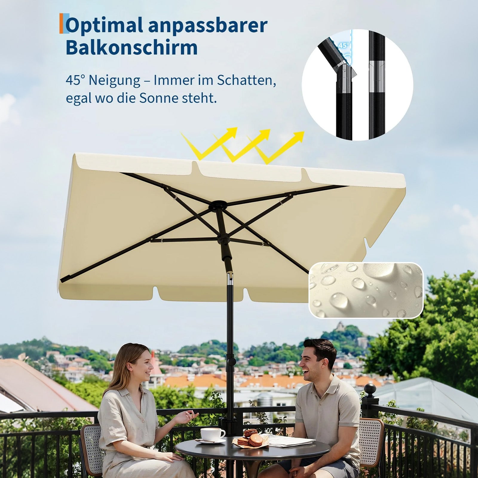 GARVEE Rechteckiger Balkonschirm 200 x 125 cm, UV50+ Sonnenschutz, Knickbar und Höhenverstellbar, Inklusive Schutzhülle, Ideal für Balkon, Terrasse und Garten, Beige