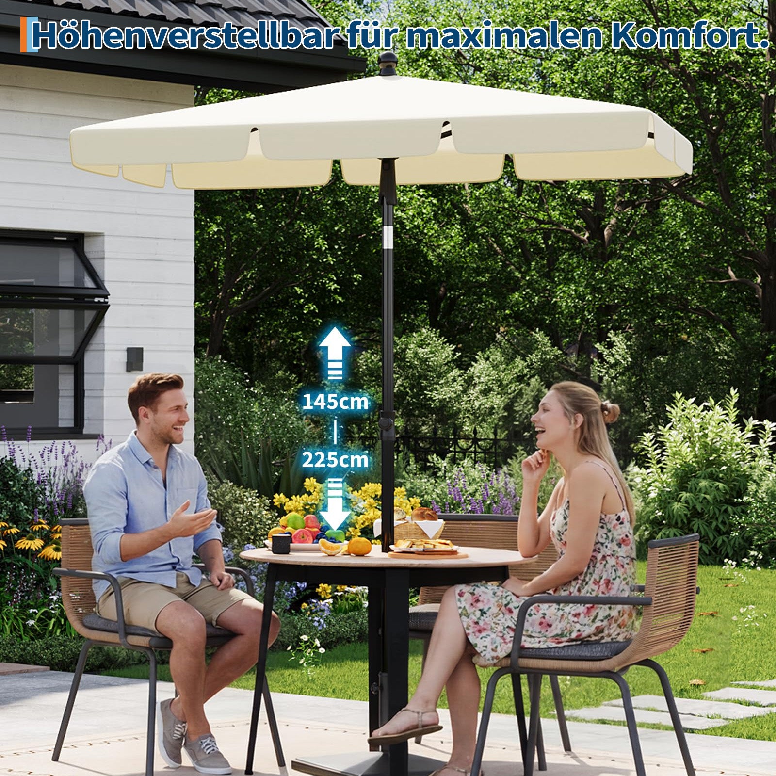 GARVEE Rechteckiger Balkonschirm 200 x 125 cm, UV50+ Sonnenschutz, Knickbar und Höhenverstellbar, Inklusive Schutzhülle, Ideal für Balkon, Terrasse und Garten, Beige