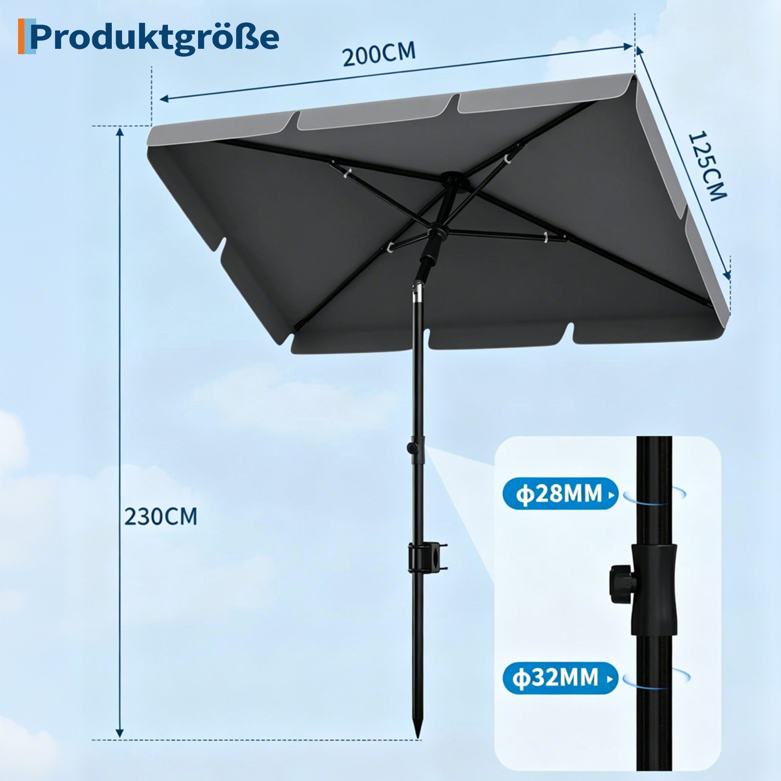 GARVEE Rechteckiger Balkonschirm 200 x 125 cm, UV50+ Sonnenschutz, Knickbar und Höhenverstellbar, Inklusive Schutzhülle, Ideal für Balkon, Terrasse und Garten, Grau