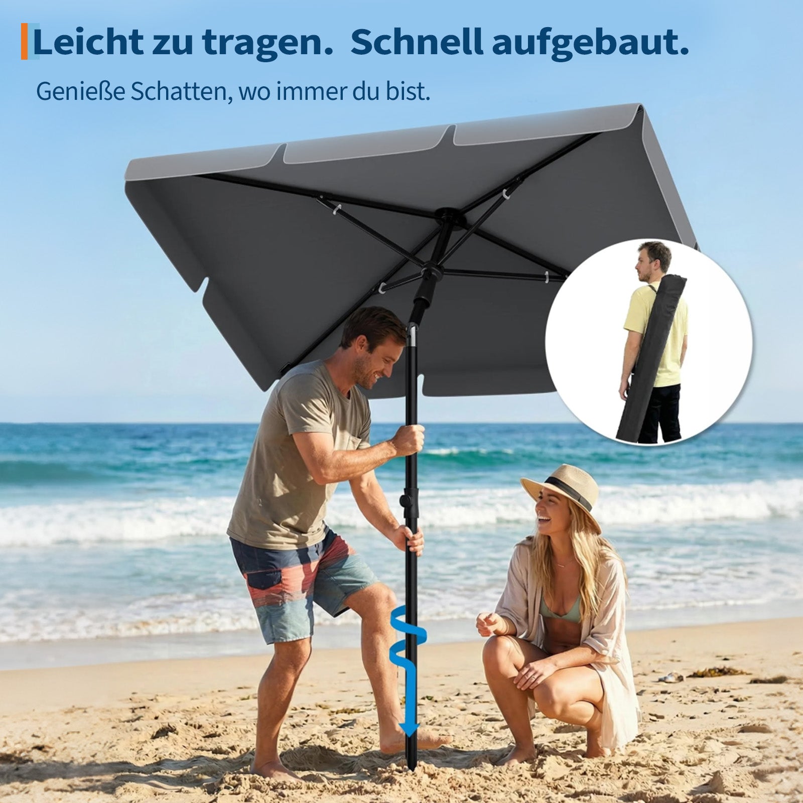 GARVEE Rechteckiger Balkonschirm 200 x 125 cm, UV50+ Sonnenschutz, Knickbar und Höhenverstellbar, Inklusive Schutzhülle, Ideal für Balkon, Terrasse und Garten, Grau