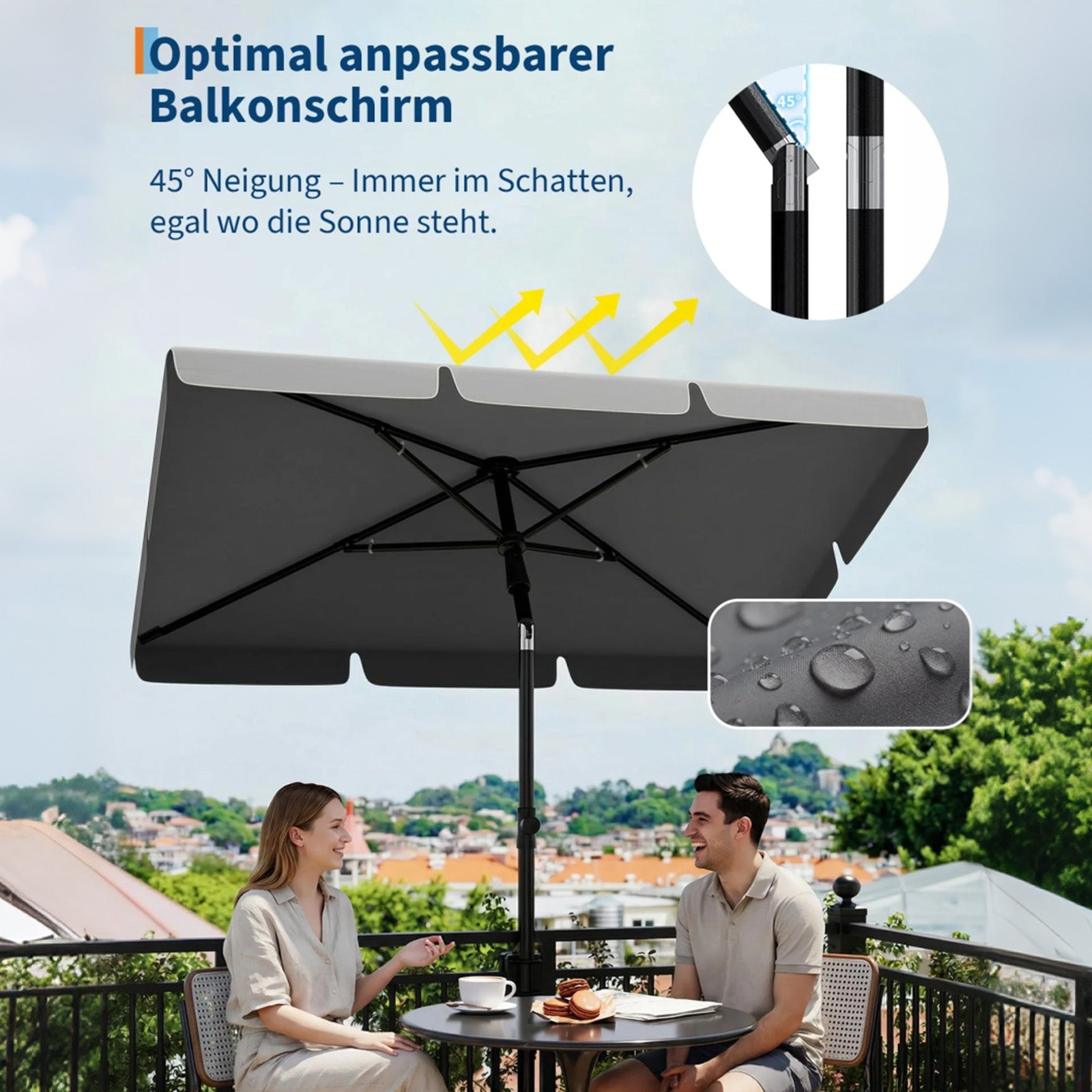 GARVEE Rechteckiger Balkonschirm 200 x 125 cm, UV50+ Sonnenschutz, Knickbar und Höhenverstellbar, Inklusive Schutzhülle, Ideal für Balkon, Terrasse und Garten, Grau