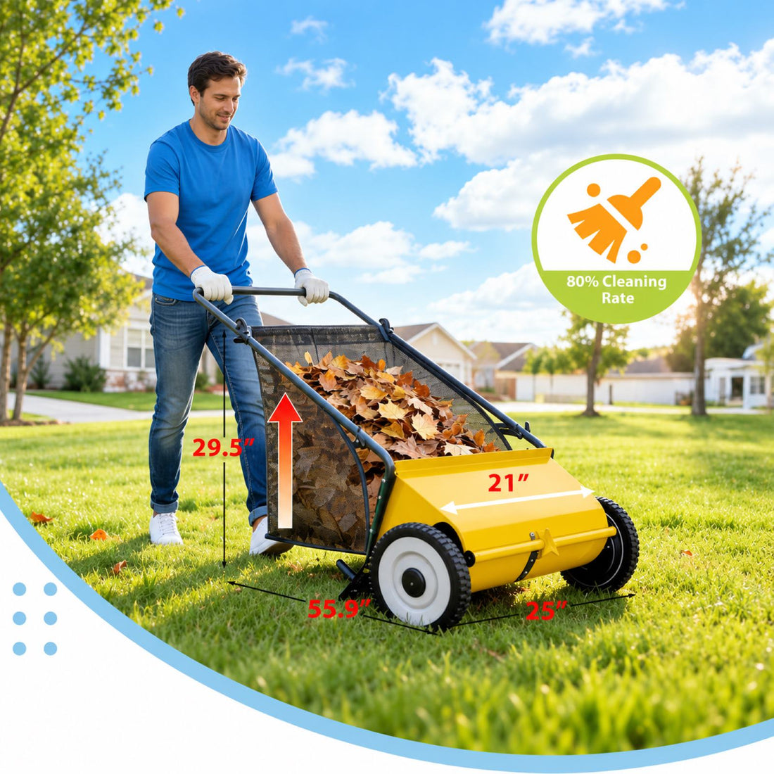 Garvee Hand-Rasenkehrer 53 cm mit ca. 99 L Fangkorb, 4 Bürsten und verstellbarer Kehrhöhe für Herbstlaub, Gras & Rasenschnitt