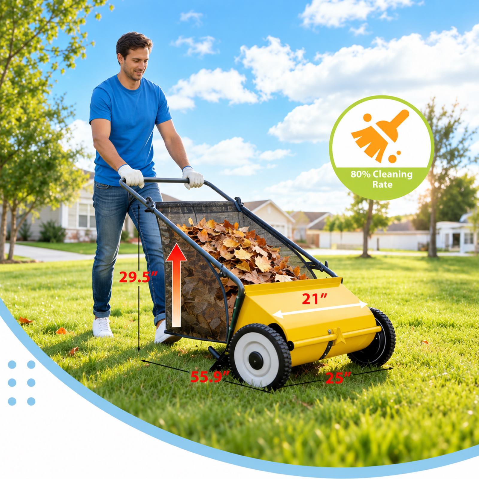 Garvee Hand-Rasenkehrer 53 cm mit ca. 99 L Fangkorb, 4 Bürsten und verstellbarer Kehrhöhe für Herbstlaub, Gras & Rasenschnitt