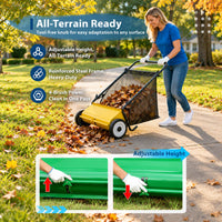 Garvee Hand-Rasenkehrer 53 cm mit ca. 99 L Fangkorb, 4 Bürsten und verstellbarer Kehrhöhe für Herbstlaub, Gras & Rasenschnitt