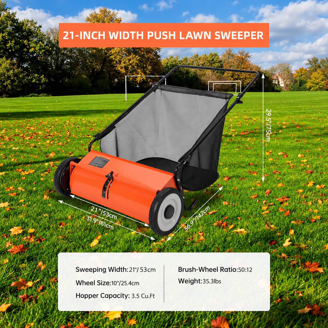 Garvee Hand-Rasenkehrer 53 cm mit ca. 99 L Fangkorb, 4 Bürsten und verstellbarer Kehrhöhe für Herbstlaub, Gras & Rasenschnitt
