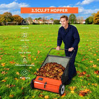 Garvee Hand-Rasenkehrer 53 cm mit ca. 99 L Fangkorb, 4 Bürsten und verstellbarer Kehrhöhe für Herbstlaub, Gras & Rasenschnitt