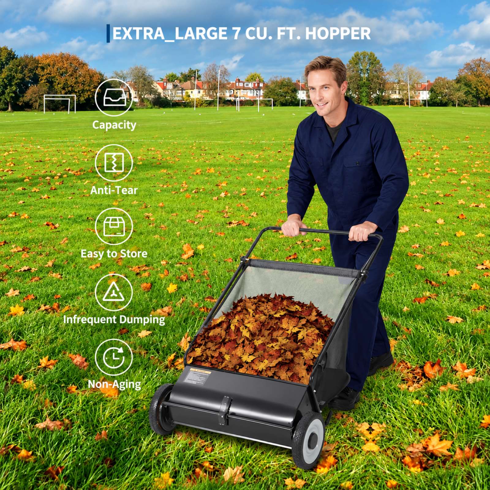 Garvee Hand-Rasenkehrer 53 cm mit ca. 99 L Fangkorb, 4 Bürsten, verstellbarer Kehrhöhe und 25,4 cm Gummirädern für Herbstlaub, Gras & Rasenschnitt