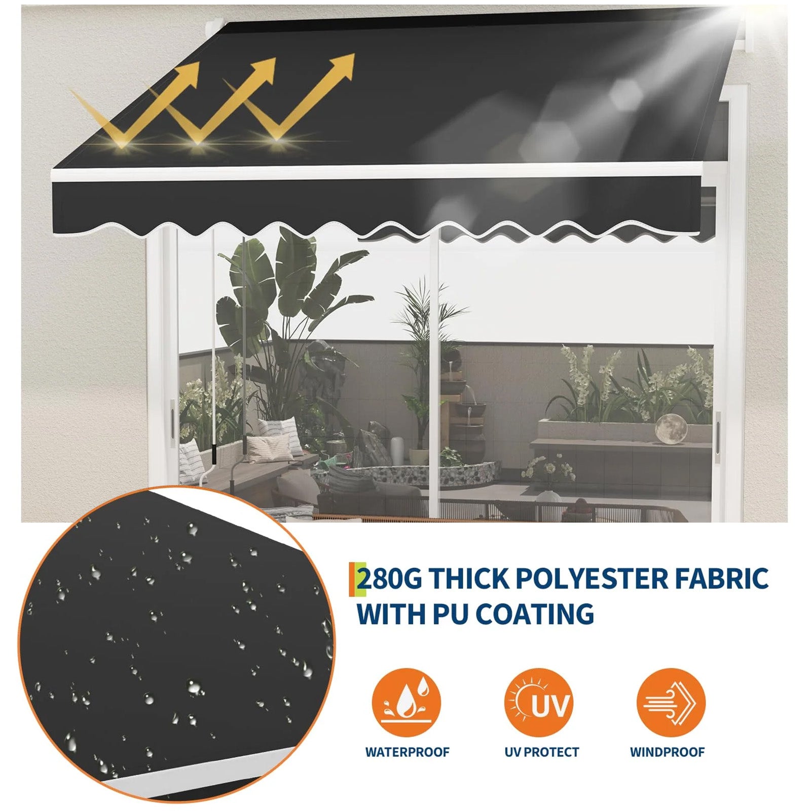 Garvee Markise 3.5 x 2.5 m, Aluminiumrahmen, Wasserdicht, UV-Schutz, Für Terrasse & Balkon, Schwarz