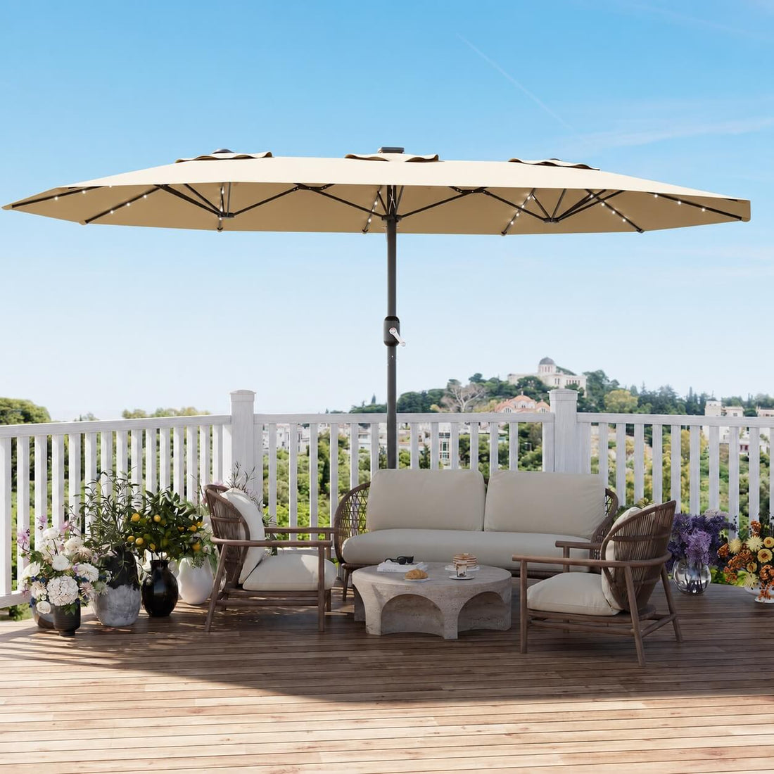 Garvee 270×450 cm Rechteck-Sonnenschirm mit Solar-LED-Beleuchtung & Standfuß, UV-beständiger Gartenschirm mit Kurbelgriff, für Terrasse, Pool & Garten, Beige