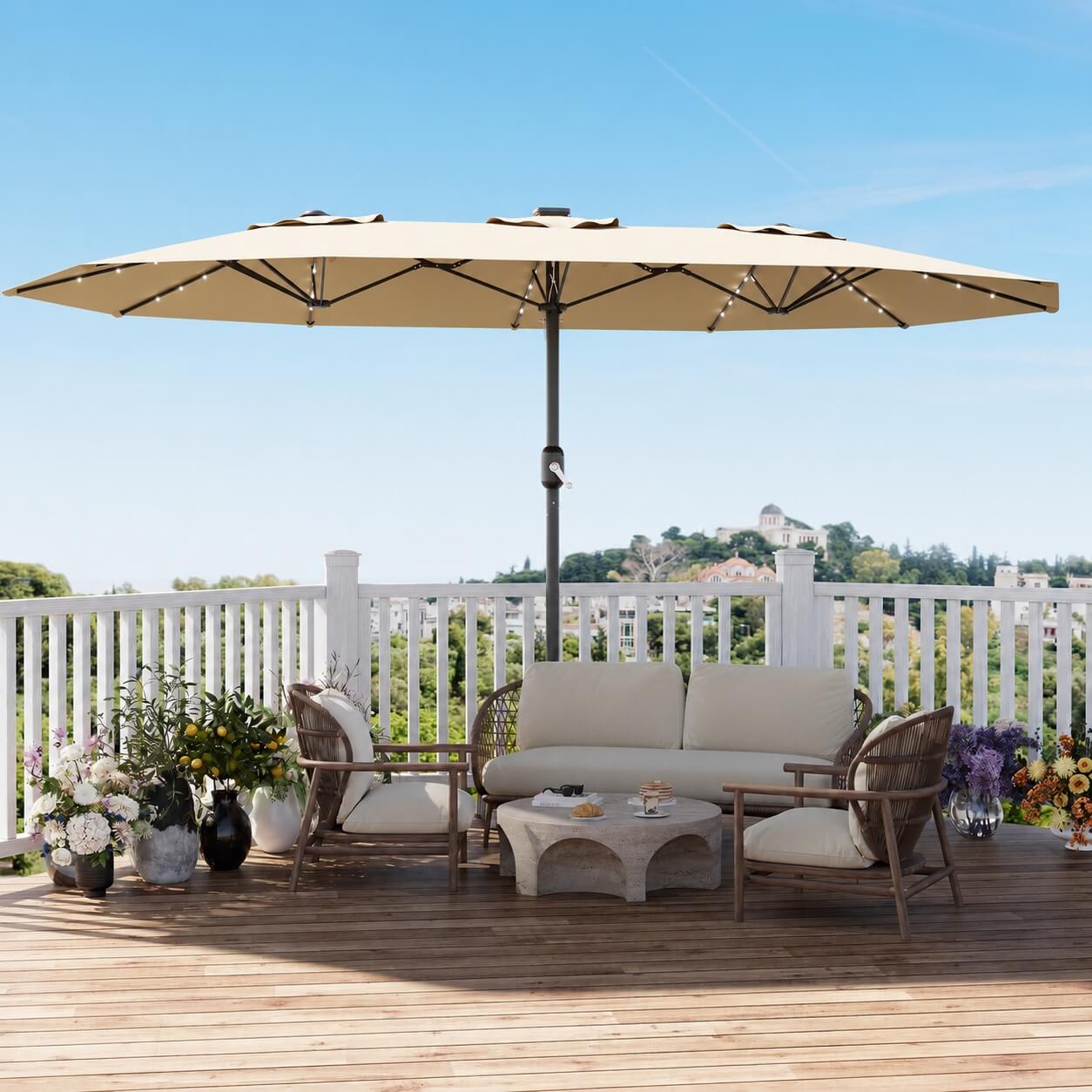 Garvee 270×450 cm Rechteck-Sonnenschirm mit Solar-LED-Beleuchtung & Standfuß, UV-beständiger Gartenschirm mit Kurbelgriff, für Terrasse, Pool & Garten, Beige