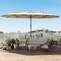 Garvee 270×450 cm Rechteck-Sonnenschirm mit Solar-LED-Beleuchtung & Standfuß, UV-beständiger Gartenschirm mit Kurbelgriff, für Terrasse, Pool & Garten, Beige